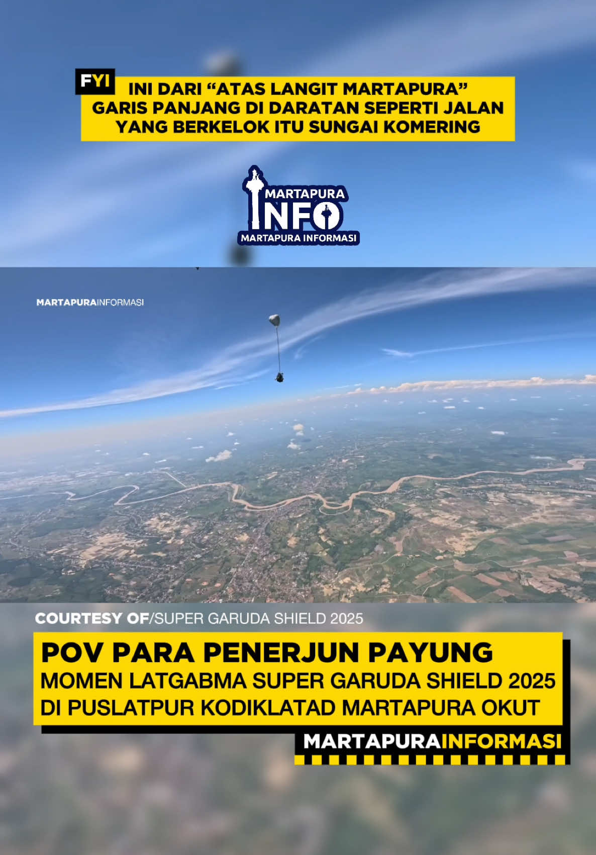 POV PARA PENERJUN PAYUNG🪂🪂🪂 ✈️🪂🪂🪂🪂 DARI “ATAS LANGIT” MARTAPURA OKU TIMUR SUMSEL. 📍Puslatpur Kodiklat AD Martapura OKU Timur Sumsel  Military Free Fall (MFF) adalah teknik terjun payung yang digunakan oleh pasukan khusus militer untuk infiltrasi ke wilayah operasi. Penjelasan singkat: 	•	Penerjun keluar dari pesawat pada ketinggian sedang–tinggi (biasanya 10.000 – 35.000 kaki). 	•	Setelah keluar, penerjun jatuh bebas (free fall) sebelum membuka parasut di ketinggian tertentu. 	•	Ada dua teknik utama: 	•	HALO (High Altitude, Low Opening) → lompat dari ketinggian sangat tinggi, membuka parasut rendah agar tidak terdeteksi radar/musuh. 	•	HAHO (High Altitude, High Opening) → lompat tinggi dan langsung buka parasut, lalu melayang jauh (hingga puluhan km) menuju target. 🔹 Tujuan utama MFF: 	•	Menyusup secara rahasia tanpa terdeteksi musuh. 	•	Memberi fleksibilitas dalam penyusupan ke area terpencil atau berbahaya. 	•	Digunakan oleh pasukan khusus seperti Kopassus, Denjaka, Tontaipur, hingga Navy SEAL atau US Army  📸 : super Garuda Shield 2025 #martapurainformasi #martapurapromo #infomartapurabelitang #okutimurinformasi 