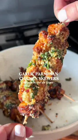 Garlic Parmesan Chicken Skewers    Recipe  -1 lb chicken tenderloins, cubed   -1 tbsp olive oil   - 1 tsp each: salt, paprika, garlic powder, onion powder   Sauce:  -4 tbsp salted butter   -2 tbsp minced garlic   - 1 tsp red chili flakes   - ¼ cup grated Parmesan cheese   - 2 tbsp chopped fresh parsley   1. Toss the cubed chicken with olive oil, salt, paprika, garlic powder, and onion powder.   2. Thread the chicken onto skewers, ensuring they fit your air fryer.   3. Air fry at 375°F for 20–25 minutes, flipping halfway through.   4. Melt the butter in a saucepan over medium heat. Add garlic and red chili flakes, cooking until fragrant.   5. Remove from heat and stir in Parmesan cheese and fresh parsley.   6. Brush the garlic Parmesan sauce over the cooked skewers before serving.   visit my website flavorsbyfrangipane.com for more recipes!