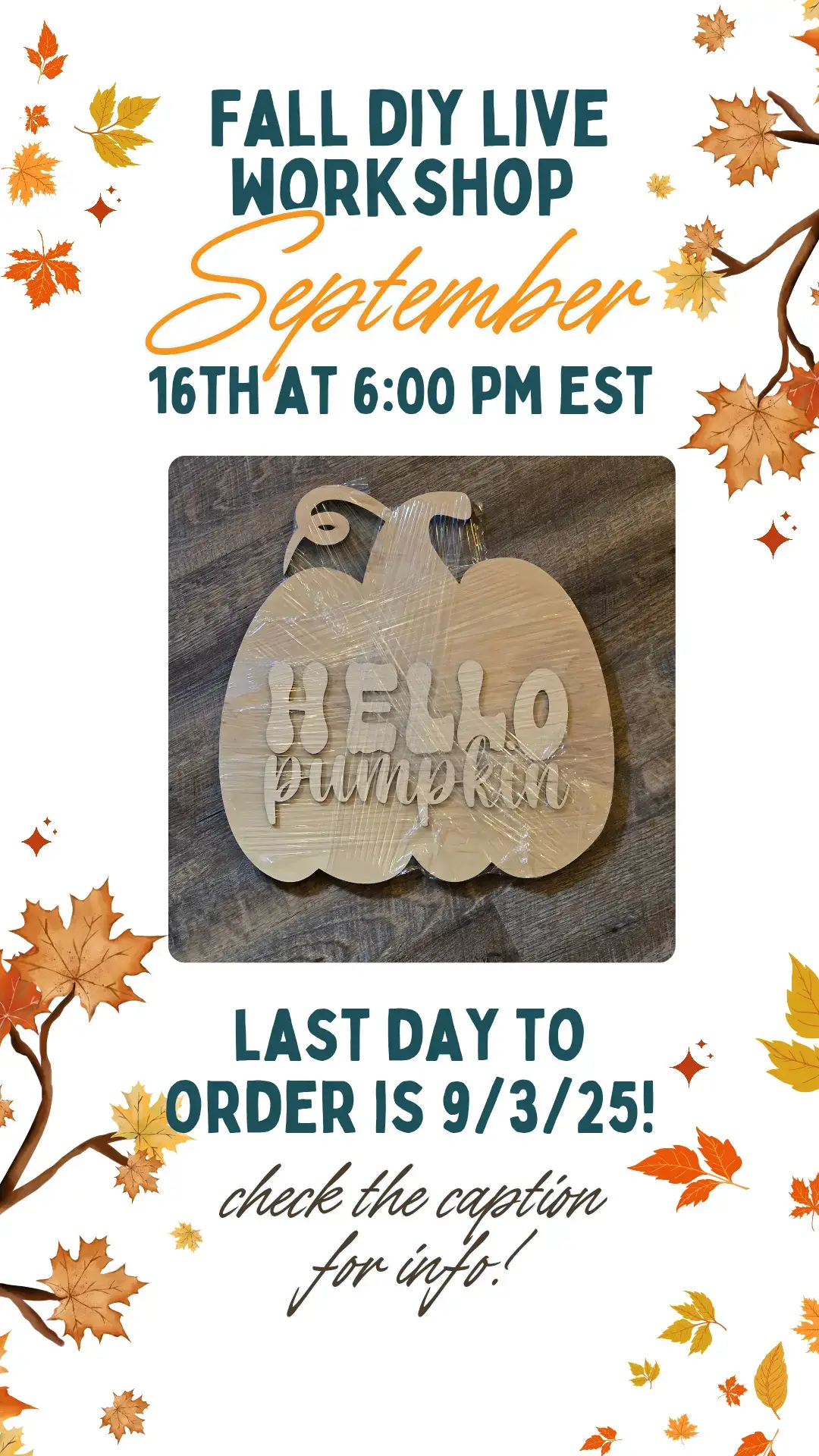 We are making the cutest pumpkin sign for the September Tiktok Live DIY Workshop!! Last day to order the kit is September 3rd! Visit @Mama’s Rustic shack shop to order yours asap! Her Shopify store is linked in her tiktok profile or on the home page of my website. I will share a list of supplies you'll need soon (spoiler... it's basically paint and super glue) so you'll be ready to craft with me on Tuesday, September 16th at 6pm EST. Share this with a friend and host a craft night. Add any questions in the comments! #craftparty #paintandsip #paintparty #diyparty #diyworkshop 