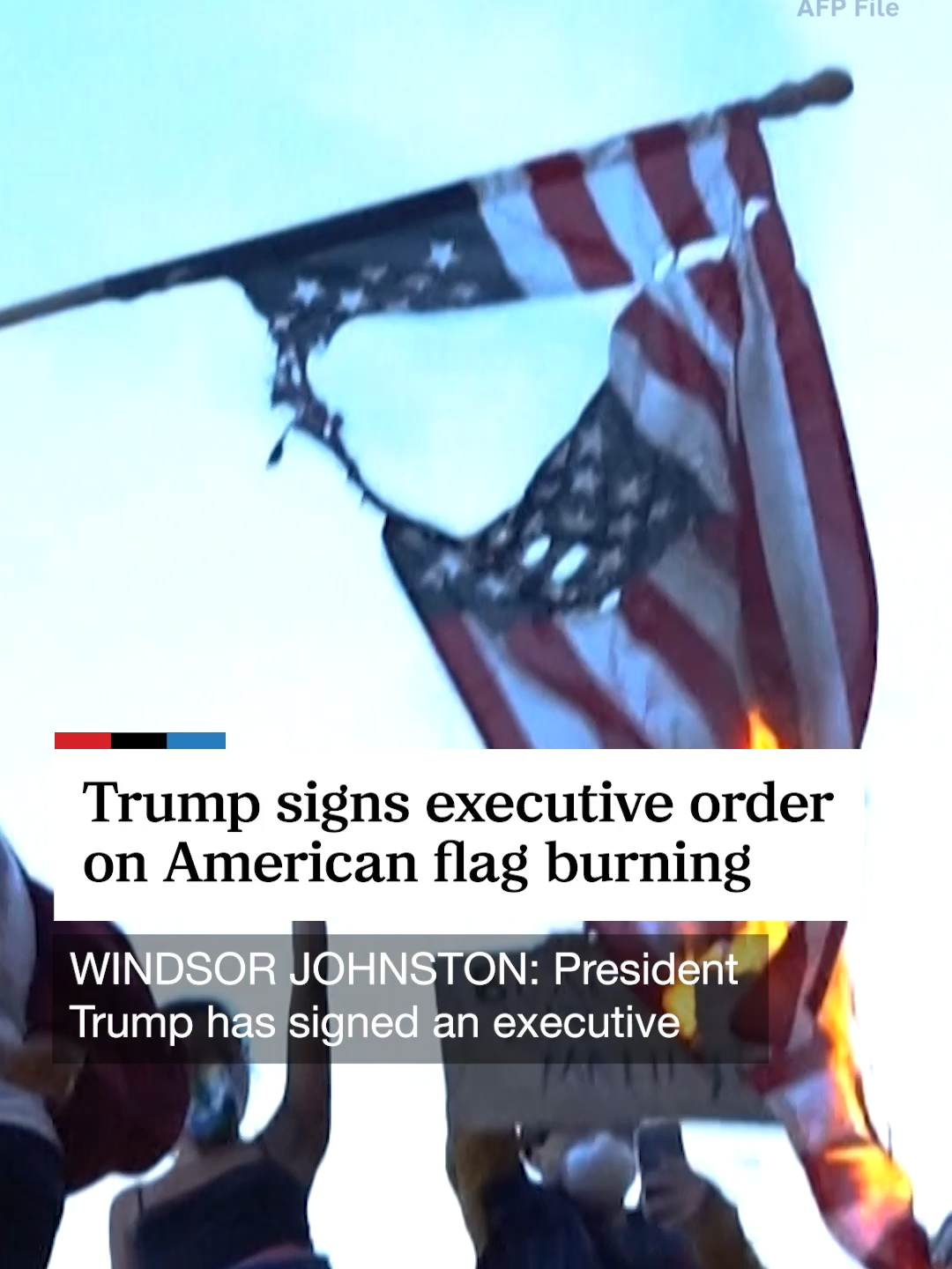 President Trump signed an executive order Monday directing the Justice Department to prosecute people for burning the American flag. The order challenges a Supreme Court decision that protects flag burning as political expression by arguing the activity incites violence and should result in a one-year jail sentence. CORRECTION: A previous version of this video contained a misspelling in the headline.