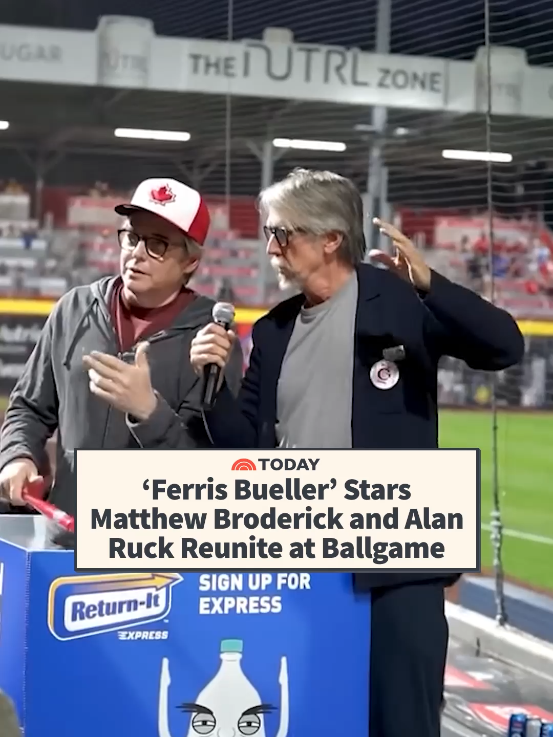 “Ferris Bueller’s Day Off” stars Matthew Broderick and Alan Ruck reunited Aug. 24 at a minor league game in Vancouver, Canada, between the Vancouver Canadians and Tri-City Dust Devils, leading the crowd while singing “Take Me Out to the Ball Game.” #TODAYShow 📹: vancanadians/Instagram
