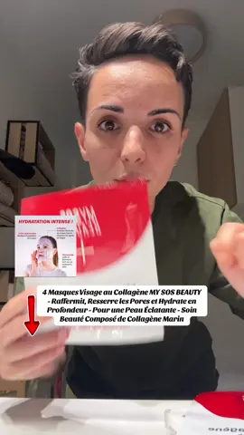 4 Masques Visage au Collagène MY SOS BEAUTY - Raffermit, Resserre les Pores et Hydrate en Profondeur - Pour une Peau Éclatante - Soin Beauté Composé de Collagène Marin Disponible ici dans la vidéo tiktok shop sur la caddie orange sous la flèche  Reçue gratuitement 