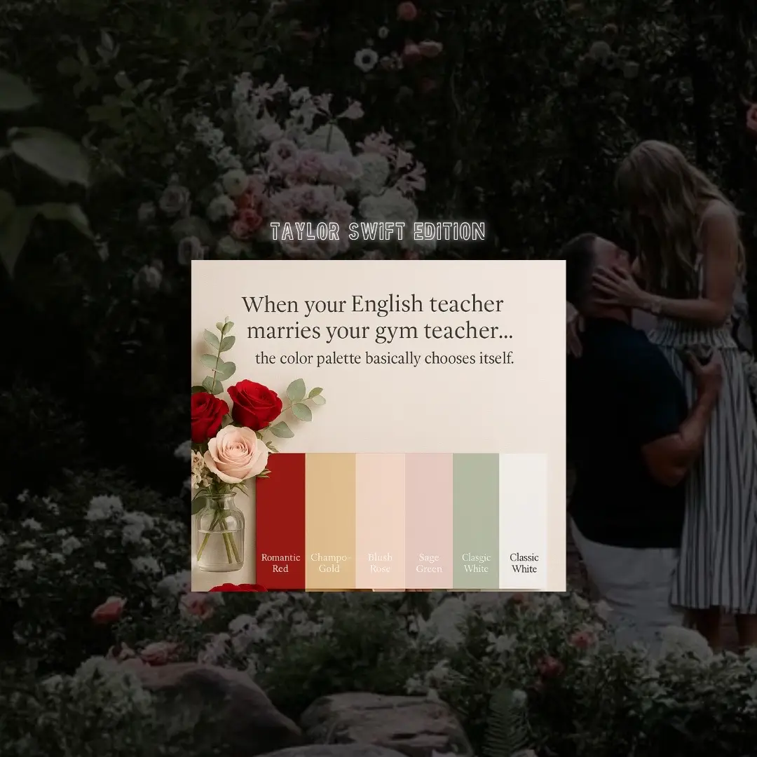 When your English teacher marries your gym teacher… the color palette basically chooses itself.  For Taylor & Travis, we’re seeing: ❤️ Romantic Red – a nod to Taylor’s Red Era and classic romance. 💛 Championship Gold – because Super Bowl rings deserve a match. 🌸 Blush Rose – timeless elegance for the bride. 🌿 Sage Green – grounding, fresh, and garden-ready. ⚪ Classic White – because every love story deserves a clean canvas. Now the real question: would you go bold with red + gold, or lean into soft blush + sage? #taylorswift #traviskelce #engaged