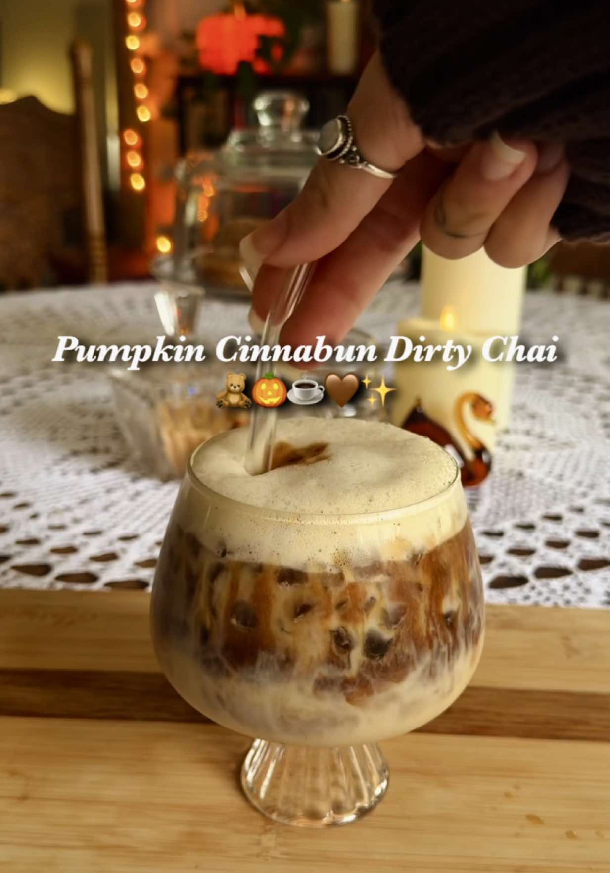 Pumpkin Cinnabun Dirty Chai RECIPE: • 1.5 Tbs pumpkin cinnabun syrup (homemade recipe ⬇️)  • 1/2 cup milk  • ice  • 1/2 cup chai concentrate (I love @hellotazotea) • 2 shots of espresso (my machine: @Ninja Kitchen Luxe Cafe   Homemade Pumpkin Cinnabun Syrup Recipe: • 1 cup brown sugar • 1/3 cup pumpkin puree • 1/2 tbs pumpkin spice • 2 cinnamon sticks  • 1 and 1/4 cup water • Simmer for 7 minutes • OFF HEAT ADD • 1 tsp butter extract • 1 tsp vanilla bean paste • Pinch of salt  • LET COOL COMPLETELY  • Bottle  • Refrigerate  • Good for 2 weeks  #CoffeeSyrup #CoffeeAesthetic #CoffeeAtHome #PumpkinSpice     #creatorsearchinsights 