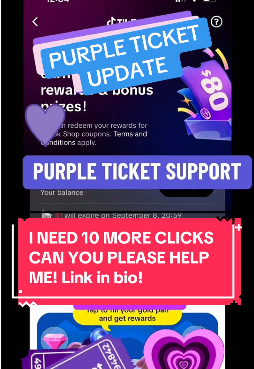 PURPLE TICKET UPDATE I need 20 more clicks 💜💜 #purpleticket #purpleticketsupport #couponing #TikTokRewards #tiktokpartner 