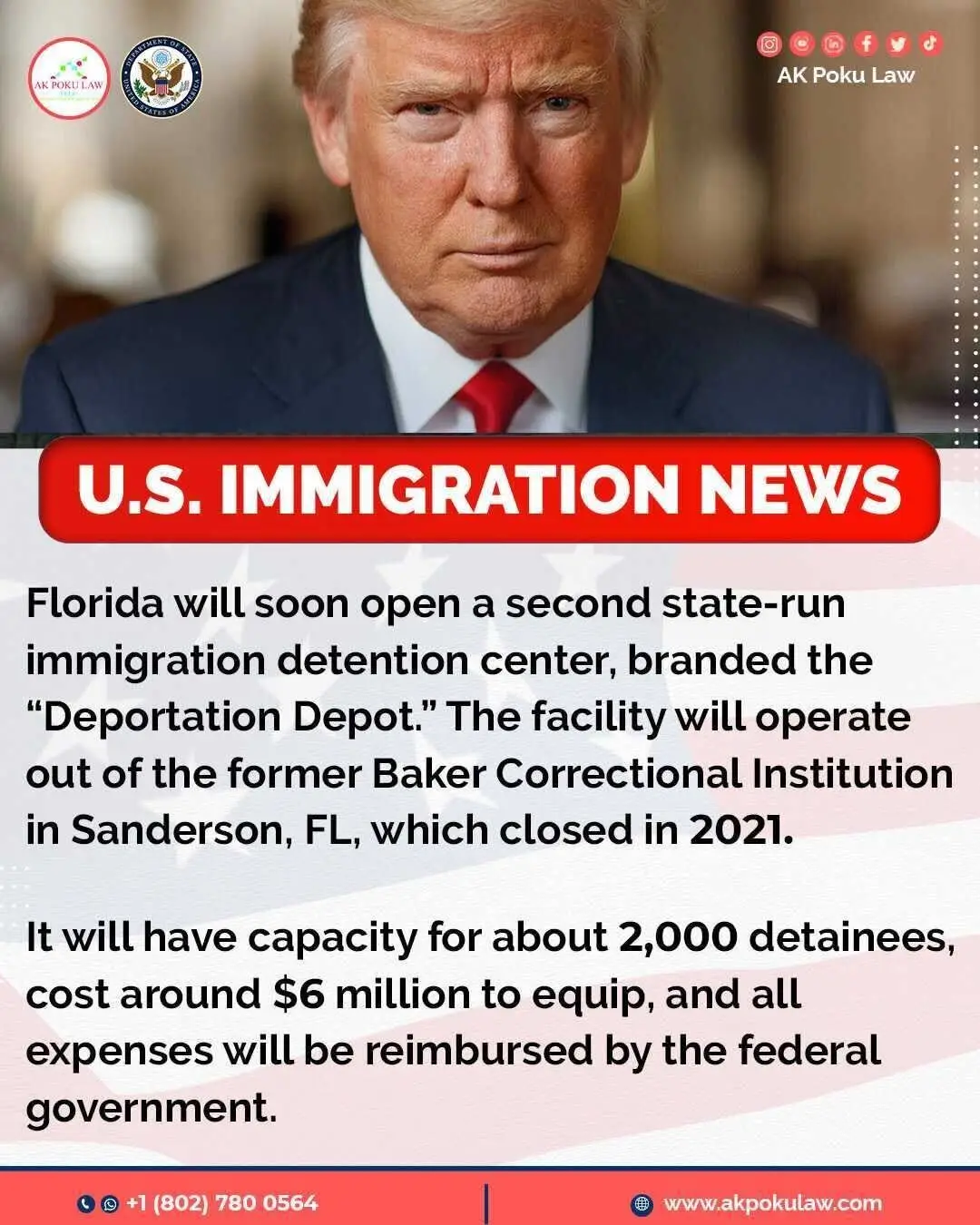 Florida Governor Ron DeSantis has announced plans to convert the closed Baker Correctional Institution in Sanderson, north Florida, into the state’s second immigration detention center, branded the “Deportation Depot.” ✅ The facility will initially provide about 1,300 beds, with capacity to expand to 2,000 detainees, at an estimated setup cost of $6 million. ✅ The location was selected because it uses existing infrastructure, including proximity to Lake City’s airport, making it a faster and more cost-effective option compared to alternatives like Camp Blanding. 📌 All expenses are expected to be reimbursed by the federal government. 📌 This move comes as the state’s other detention project, “Alligator Alcatraz” in the Everglades, faces legal challenges and rising construction costs. ****** If you need help or guidance with any U.S. immigration matters, especially with these major changes, please don't hesitate to reach out. We're always ready to assist you. ☎️☎️+1 (802) 780 0564☎️☎️ 🌍: www.akpokulaw.com 📨: hello@akpokulaw.com Post by Innocentia  From the AK Poku Law Team #akpokulaw #akpoku #AttorneyAK #DeportationDepot #FloridaImmigration #BakerCounty #ImmigrationDetention #DeSantis #ImmigrationNews #LawFam 