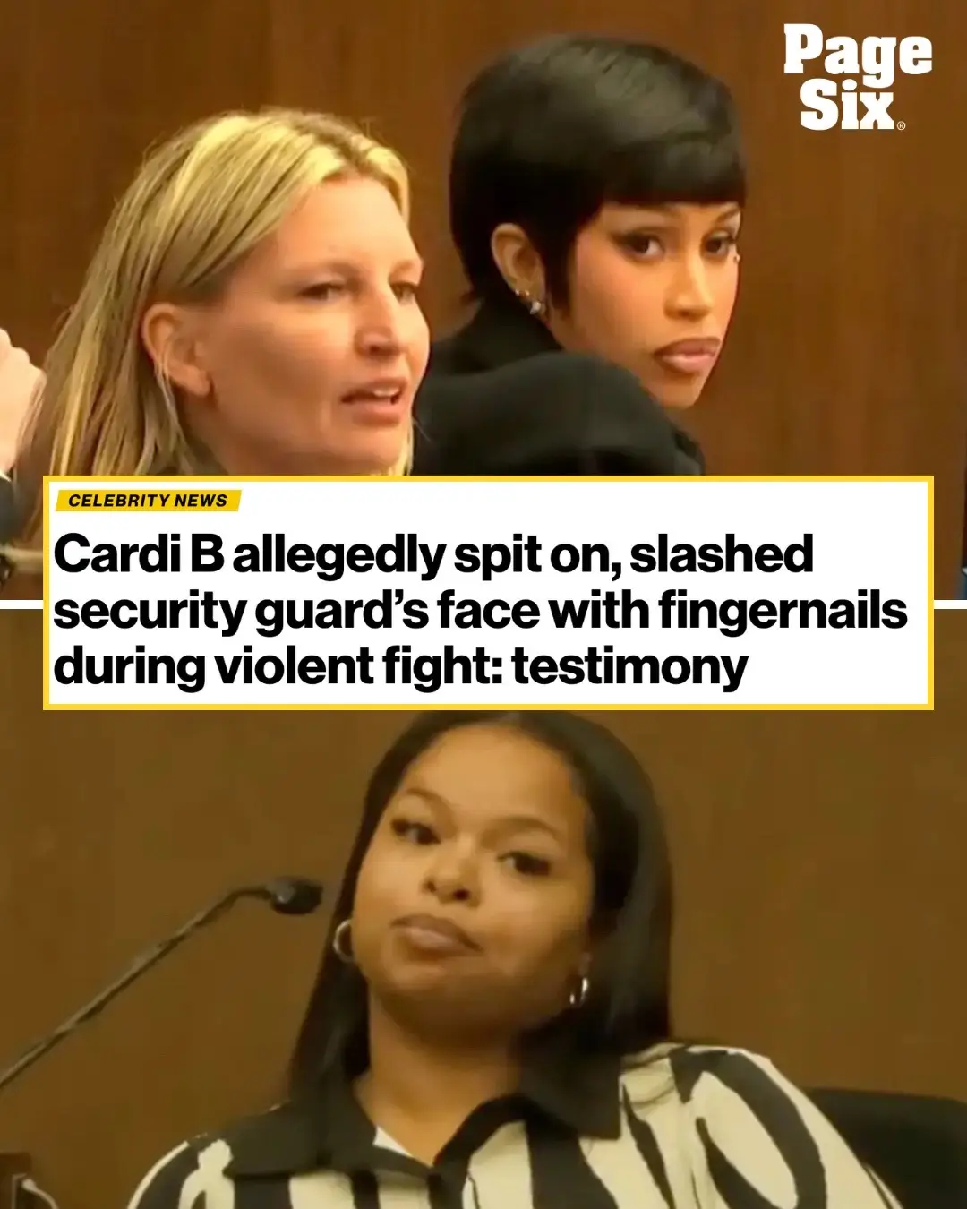 Cardi B allegedly degraded a female security guard during a nasty brawl at a doctor’s office in 2018, the woman testified at a trial in Los Angeles on Monday. Emani Ellis claimed on the stand that the “WAP” rapper — who was four months pregnant at the time — spit on her, called her racist names and cut her cheek with her fingernail. The security guard approached Cardi B with her phone while at an obstetrician’s office, and the woman claimed the “Up” rapper became upset because she thought the guard was trying to out her private visit. 📸: Court TV; George Napolitano / SplashNews.com