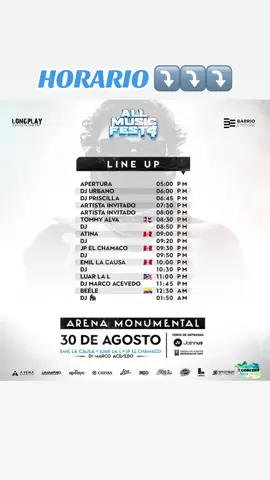 All Music Fest 4: ¡No te pierdas a tus artistas favoritos🤩 Aquí te dejamos los horarios ➡️Sábado 30 de agosto en el Arena Monumental 🏟️  #allmusicfest #fest #beéle #luarlal #monumental #arena #conciertos #byconcert #evento #entradas #horarios #artistas #viraltiktok @BEÉLE 