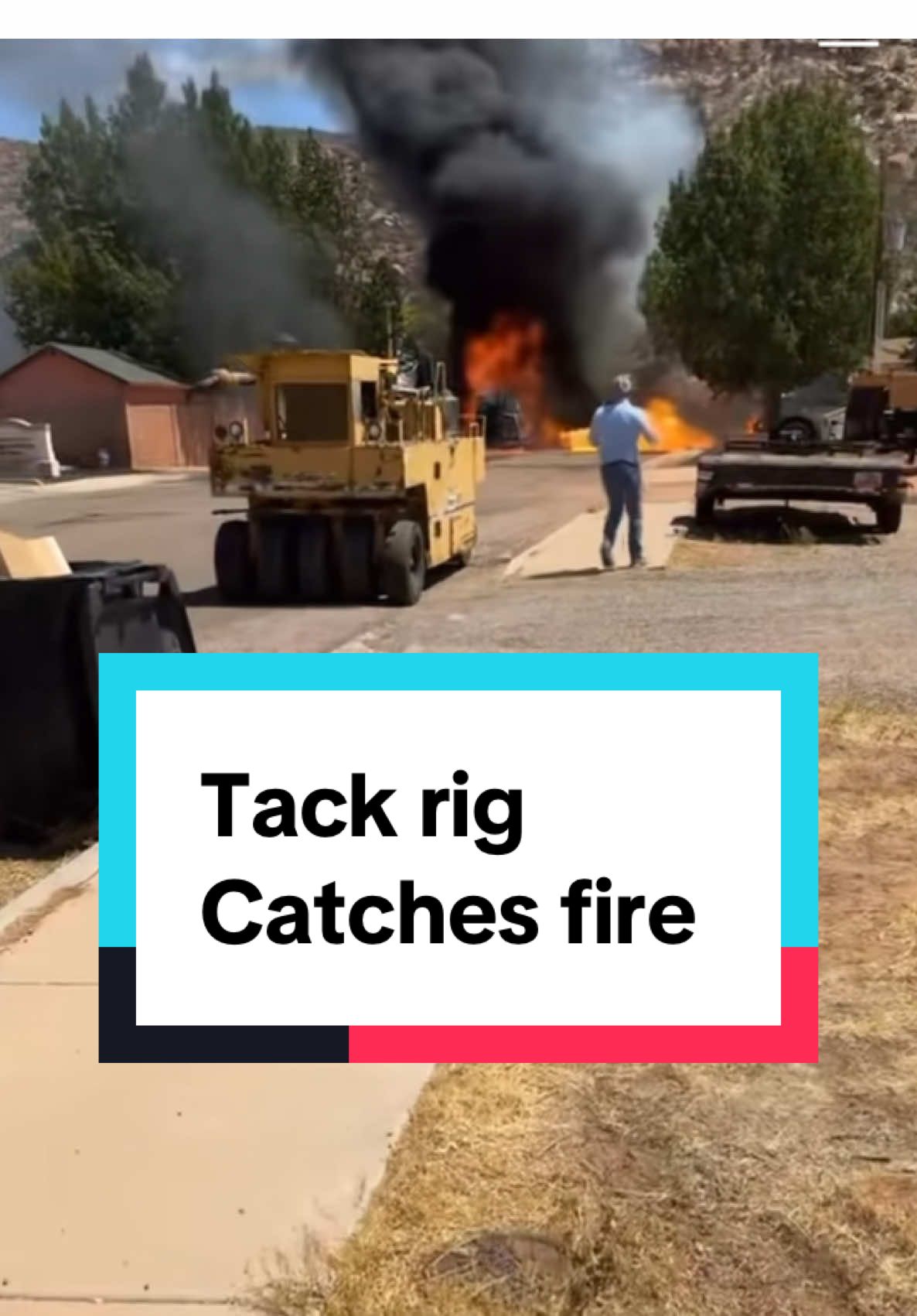 Tack rig on fire 🔥  Looks like a tack rig catches in fire. Pneumatic Roller Guy has some brass. 🎥  Credit: @blondiesunday on TT #heavyequipment #construction #epicfail 