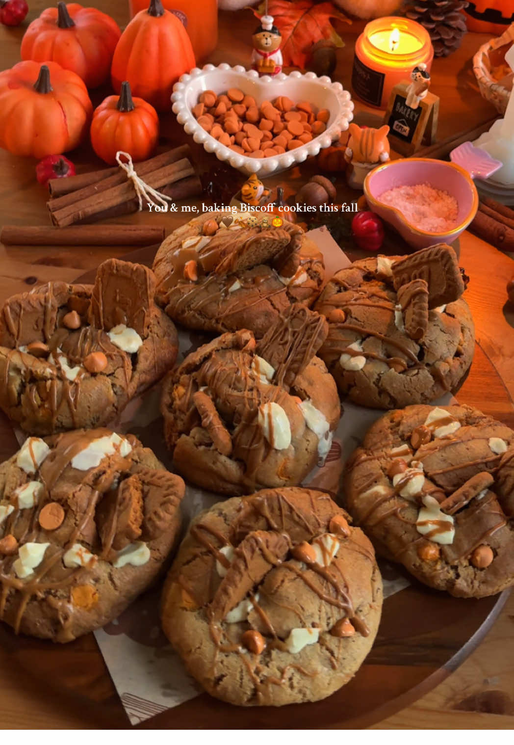 Recipe #1 for Fall 🍁: Biscoff Cookies with White Chocolate & Caramel Bites! Soft, gooey, and full of autumn flavors, this is the ultimate cozy treat.🍂🤎🍪 👇Recipe 🍪 Cookie Dough: •115g unsalted butter (room temp) (½ cup / 1 stick) •100g brown sugar (½ cup, packed) •70g white sugar (⅓ cup + 1 tbsp) •1 tbsp vanilla extract (1 tbsp) •1 egg (room temp) (1 large) •225g all-purpose flour (1 ¾ cups) •10g cornstarch (1 tbsp) •4g baking soda (¾ tsp) •1g baking powder (¼ tsp) • Pinch of salt 🍫 Mix-ins: • 80g white chocolate (chopped) (½ cup) • 80g caramel bites (½ cup) • 40g crushed Biscoff (chunks) (about 5 cookies, crushed) • 40g finely crushed Biscoff (about 5 cookies) ✨ Filling: • Frozen Biscoff spread balls (about 1 tsp each, frozen solid) 📝 Instructions (makes 7 cookies) 1. Cream butter, brown sugar, and white sugar until smooth. 2. Mix in vanilla and egg until fully combined. 3. In a separate bowl, sift flour, cornstarch, baking soda, baking powder, and salt. 4. Add sifted dry ingredients to wet and mix until just combined. 5. Fold in white chocolate, caramel bites, and both types of crushed Biscoff. 6. Weigh ~110g per cookie. Flatten, place a frozen Biscoff ball inside, and wrap it up. 7. Freeze shaped cookies for at least 2 hours. 8. Preheat oven to 350°F (180°C). Bake 10–14 minutes, until golden on the edges 9. Let cool slightly, decorate if you like, and enjoy warm & gooey 🤎 . . . . . #biscoff #cookies #biscoffcookies #baking #cookierecipe #whitechocolate #cookie #cookiesoftiktok #baketok #baker #EasyRecipe #biscoffspread #lotus #chocolate #bakingtime #chocolatechipcookies #cookielovers #fall #aesthetic #fallbaking #pumpkinseason #autumn #cozy #fallvibes #bakingtherapy #pinterest #fyp