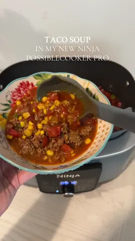 Easy one pot dinner in my new ninja foodi possiblecooker pro @Ninja Kitchen taco soup recipe  Ingredients  2 lbs of ground beef 1 onion  1 bell pepper 2 cans of corn 2 cans rotel 2 cans fire roasted diced tomatoes  1 -2 cans chili beans  1 ranch packet 1 taco seasoning packet Salt pepper garlic powder onion powder  About 2 cups of beef broth(depends on the thickness you like)  Sauté pepper and onion Brown ground beef Add seasonings and other ingredients Slow cook on high for 2 hours or low for 4 hours. ENJOY #easydinnerideas #crockpotrecipes #tacosoup #ninjafoodirecipes #ninjafoodi 