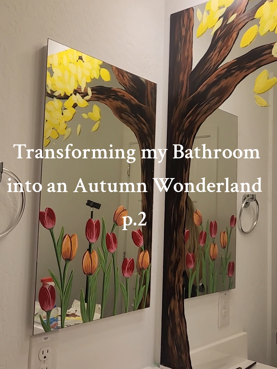 Should I keep the tulips or turn them into sunflowers? comment what you think should go on the medicine cabinets #mirrorpainting #acrylicmarkers #autumnaesthetic #cozyvibes #bathroomdiy 