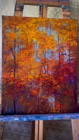 This is the process for my latest painting “Golden Canopy.” I love the textured feel and autumn vibrancy in this one, it’s definitely setting the mood for fall! 🍁 #haleygrecoartwork #oilpainting #arttok #paintingprocess #fallpainting 