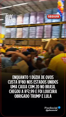 Obrigado Trump!!! Enquanto nos EUA uma dúzia de ovos virou objeto de luxo a R$80, aqui no Brasil uma caixa com 20 saiu por R$2,99 e virou motivo de pandemônio no mercado. Obrigado, Trump, pela aula de economia, e Lula, pelo desconto no omelete. 🍳