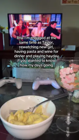 And all the sudden I don’t care that I suck at wedding planning 💍🫶🏼 #EngagedLife #TaylorSwiftVibes #NewGirlMarathon #PastaAndWine #HayDayGaming