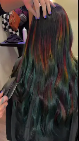 My client wanted dark & moody rainbows. What do you think? 🤭 #rainbowhair #vividhaircolor #dangerjonescreative #hairtok 