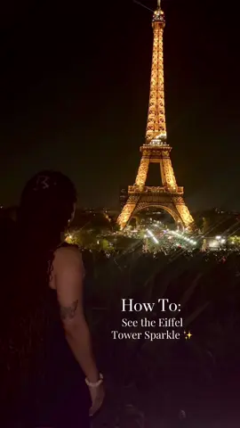 When/Where to see the Eiffel Tower Sparkle! ✨⬇️ • WHEN ✨ In the evenings, the tower turns golden at dusk. Once this happens, it sparkles for 5 minutes every hour, on the hour. For example—if night falls at 7:45 PM, the first sparkle will take place from 8:00 PM-8:05 PM and will continue at the top of every hour until midnight (the last sparkle) EXCEPTION — During the Summer, the last sparkle is at 1:00 AM ✨⬇️ • WHERE ✨ While you can see the Eiffel Tower from all over Paris, some of the best spots are: the Trocadéro, Champ de Mars, Pont Alexandre III bridge, from the Seine on a boat cruise, Girafe Restaurant, plus many, many more!  • Enjoy! 🇫🇷  • • • #EiffelTower Eiffel Tower sparkle best spot to see Eiffel Tower sparkle when does the Eiffel Tower sparkle 2026 where to see the Eiffel Tower sparkle best place to see Eiffel Tower sparkle what time does Eiffel Tower sparkle 