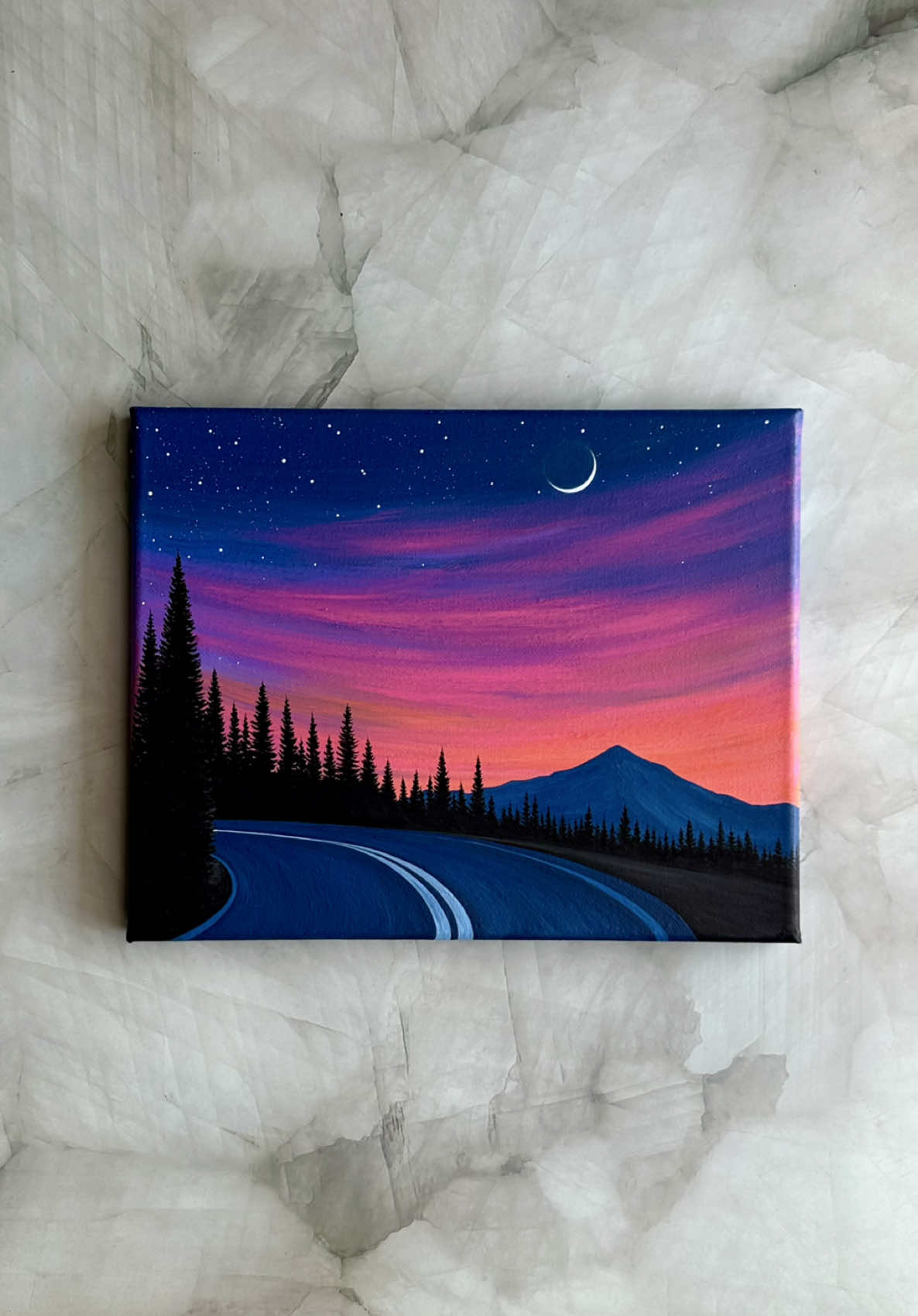 road to dreams 🌙💜🌄✨ a quiet road leading into a sky alive with color and possibility 💭 where would this dream road take you? ✨ 🎨: navy blue, primary blue, light blue violet, light magenta, violet, orange, white, black 💜 save to come back when you need a little calm #paintingprocess #acrylicpainting #arttutorial #fyp #arttok 