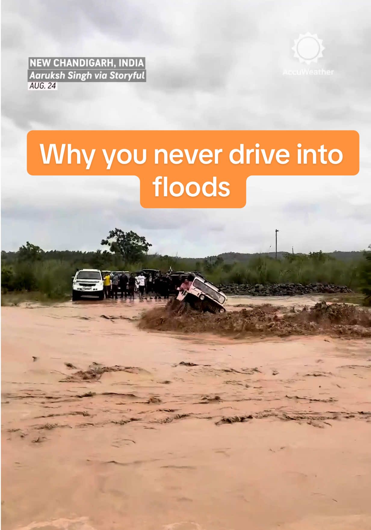 A jeep was flipped by floodwaters in Punjab after the driver tried to cross. Everyone made it out safely. Flooding across the region has damaged infrastructure and closed schools. Reminder: Turn around, don’t drown.  #flood #jeep #carflipping #fyp 