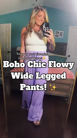 These Boho Wide legged Pants will gonPerfect Paired with chunky sweaters, crop tops, or your Favorite denim jacket this fall! 🍂🤍🫶 #wideleggedpants #bohofashion #bohopants #bohochicstyle #bohostyle #fallfashion #tiktokshopcreatorpicks #flowywidelegpants #tiktokshoplabordaysale 