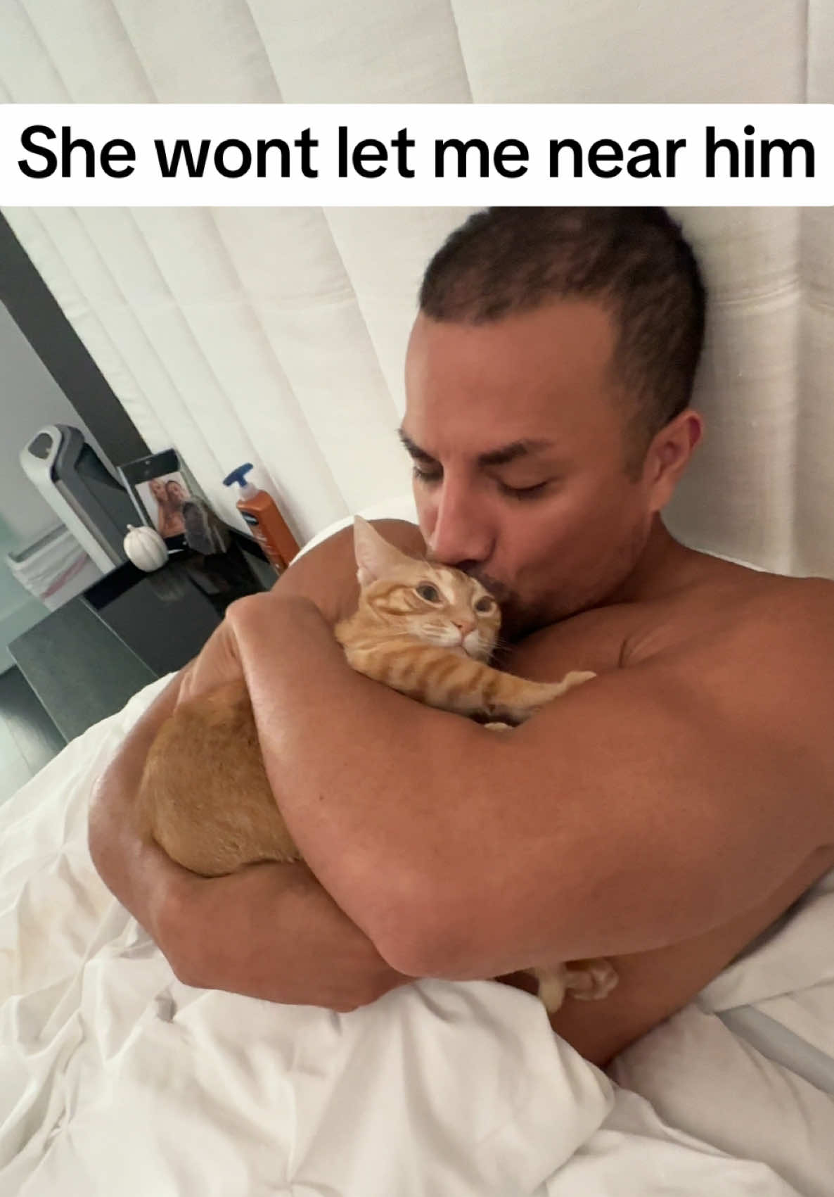 Wow hahaha she won’t let me near him 🤣 #orangecatbehavior #catsoftiktok #catdad #rescuecat 