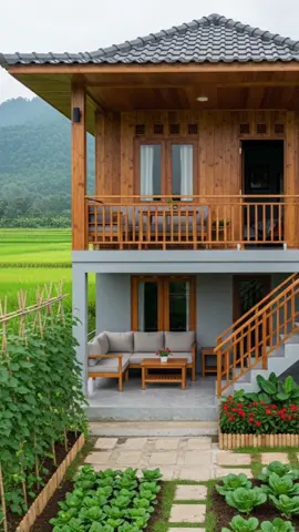 “Peaceful Two-Story Wooden House in the Rice Fields”