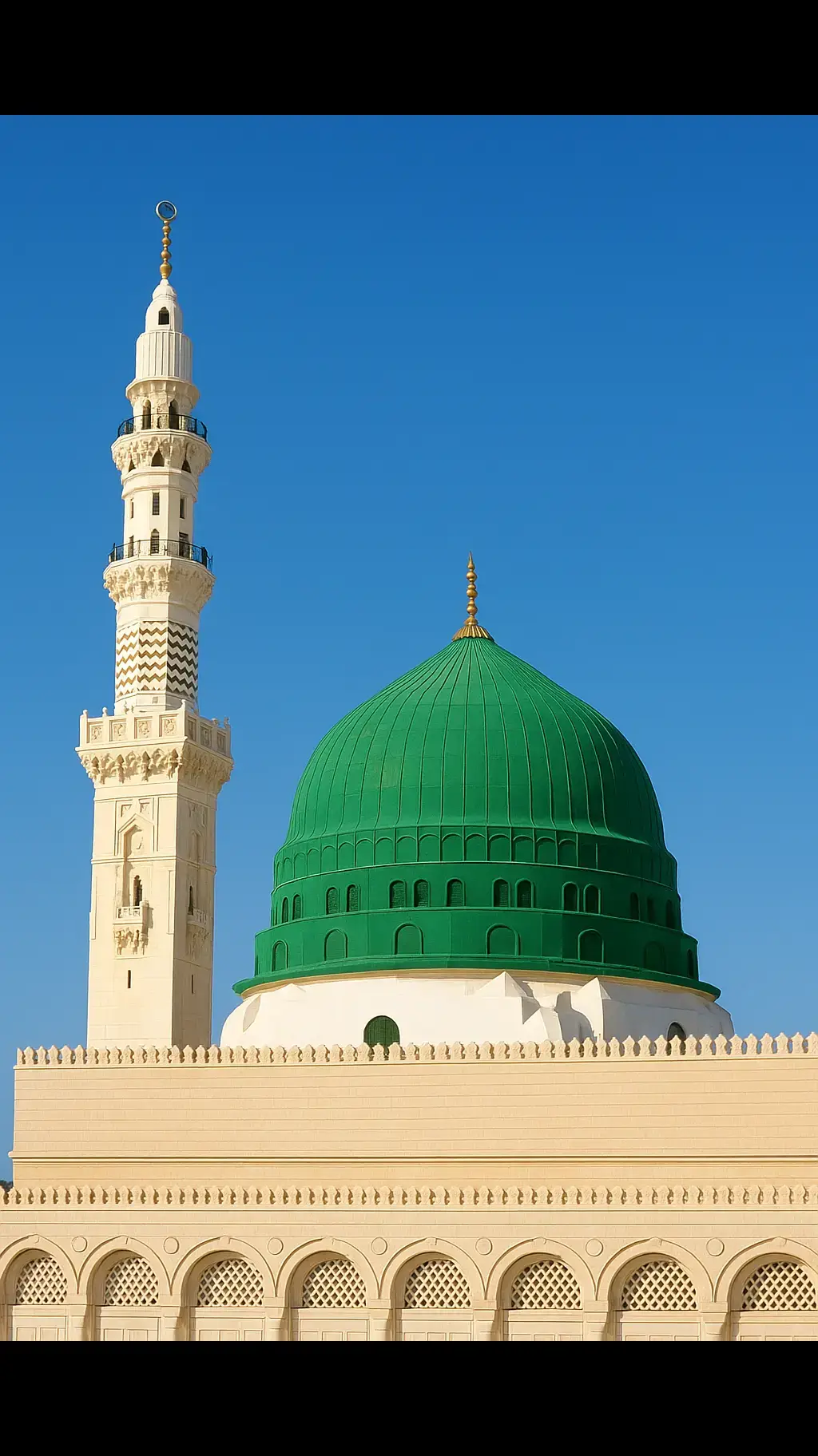 Madina, the City of the Prophet, shines bright A beacon of faith, where Islam's history takes flight  The Masjid an-Nabawi, a mosque of grandeur and might Where the Prophet Muhammad's  tomb is a sacred sight The city's streets are lined with date palms, green and tall A tranquil oasis, where faith and peace enthrall Madinah's rich history and heritage are palpable and real A place where Muslims from all over the world come to feel The city's warm hospitality and welcoming smile Make it a place of pilgrimage, worth traveling a long while#islamic_video #100k #1millionaudition 