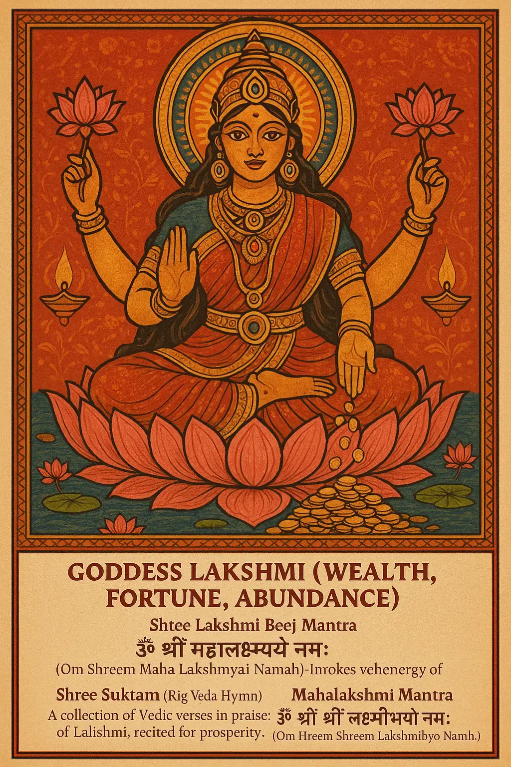 Powerful Lakshmi mantras for wealth include the Maha Lakshmi Mantra 