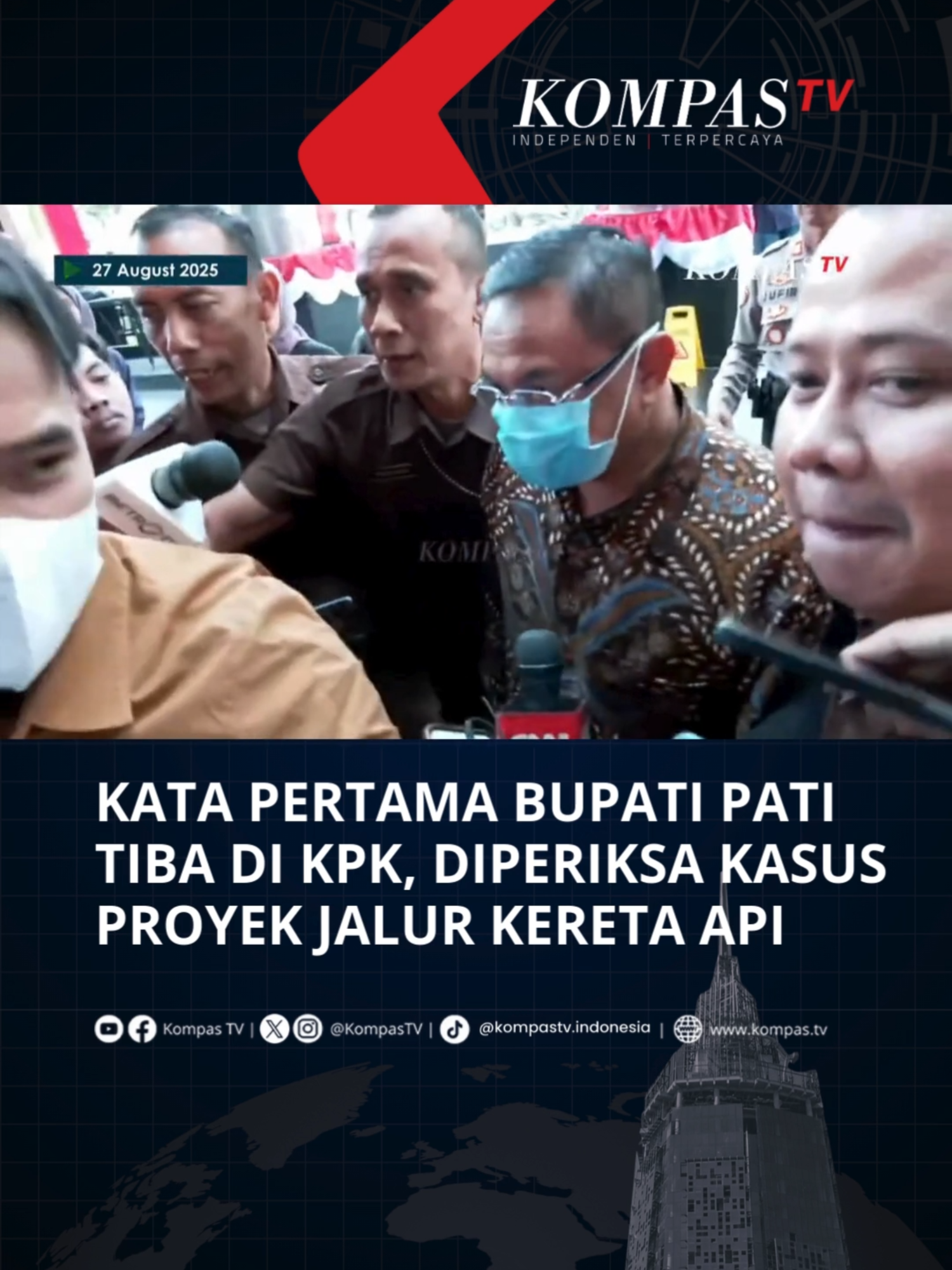 Bupati Pati Sudewo irit bicara saat tiba di Gedung KPK untuk diperiksa terkait kasus dugaan korupsi proyek jalur kereta api. Tampak Sudewo tiba di Gedung KPK pada Rabu (27/8/2025) sekitar pukul 10.30 WIB. Tuliskan komentarmu dan dapatkan berita terkini lainnya di www.kompas.tv serta youtube.com/kompastv #TikTokBerita