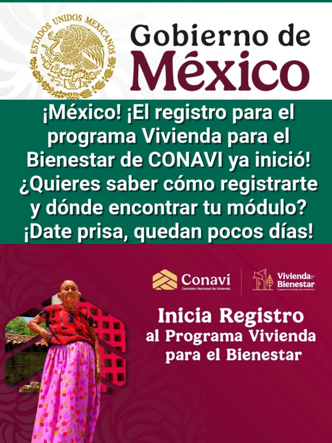 ¡Atención, México! 🏡✨ ¡El registro para el programa Vivienda para el Bienestar de CONAVI ya inició! ¿Quieres saber cómo registrarte y dónde encontrar tu módulo? ¡Date prisa, quedan pocos días! Este programa es una oportunidad única para acceder a una vivienda digna. Si necesitas ayuda con el proceso, ¡estamos aquí para guiarte! Comenta 