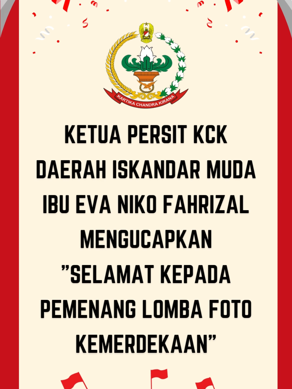 Ketua Persit Kartika Chandra Kirana Daerah Iskandar Muda Ibu Eva Niko Fahrizal mengucapkan terima kasih yang sebesar-besarnya kepada Ketua Umum Persit Kartika Chandra Kirana Ibu Uli Simanjuntak atas terselenggaranya Lomba Foto Kemerdekaan yang begitu berkesan. Acara ini telah sukses membangkitkan semangat nasionalisme dan kreativitas keluarga besar Persit KCK daerah Iskandar Muda. Semoga semangat kebersamaan dan cinta tanah air terus terjaga. #persitiskandarmuda #setiauntukprajurit #sanggamaraladies #persitnyatni #persitkckpusat 