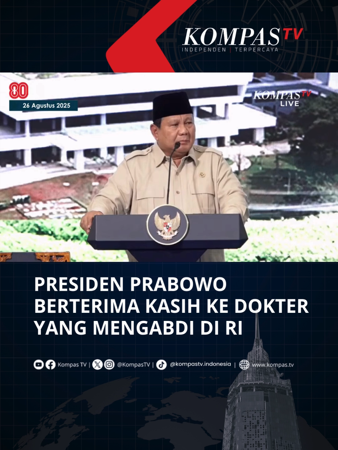 Presiden Prabowo Subianto menyampaikan terima kasih saat meresmikan Institute Neurosains Nasional Rumah Sakit Pusat Otak Nasional (RS PON) Dokter Mahar Mardjono di Cawang, Jakarta Timur, Selasa (26/8/2025) kepada para dokter dan tenaga medis yang sudah mengabdi dan setia kepada Indonesia. Menurut Prabowo, para dokter bisa mendapatkan gaji yang jauh lebih besar apabila bekerja di luar negeri. Tuliskan komentarmu dan dapatkan berita terkini lainnya di www.kompas.tv serta youtube.com/kompastv #TikTokBerita