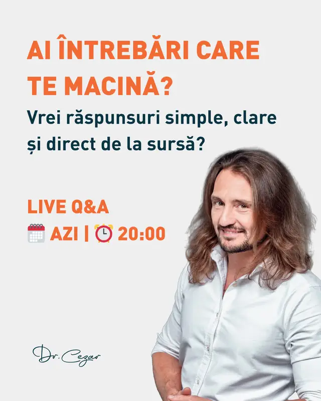 Salutare, comunitate! Doctor Cezar revine cu un LIVE Q&A! Ai întrebări care te macină? Vrei răspunsuri simple, clare și direct de la sursă? Atunci notează-ți în calendar: 🗓️ AZI | ⏰ 20:00 Dacă vrei să intri chiar în discuție, live pe Zoom alături de mine, trimite-mi un mesaj pe contact@doctorcezar.ro și spune-mi de ce vrei să participi și ce ai vrea să înveți. 👥 Ne vedem diseară, hai să vorbim! Dacă vrei să ne întâlnim față în față, am o veste pentru tine: în perioada 23 februarie - 06 iunie 2026 voi susține un turneu de conferințe și workshopuri în următoarele orașe: Botoșani, Bistrița, Baia Mare, Satu Mare, Oradea, Arad, Deva, Zalău, Târgu Mureș, Târgu Jiu, Râmnicu Vâlcea, București, Tulcea, Galați, Piatra Neamț, Iași, Miercurea Ciuc, Brașov, Pitești, Craiova, Drobeta Turnu Severin, Reșița, Timișoara, Alba Iulia, Cluj Napoca, Sibiu, Ploiești, Buzău, Călărași, Constanța, Brăila, Bacău și Suceava. Nu poți ajunge fizic la eveniment? Nicio problemă! Acum poți participa din confortul casei tale, direct pe Zoom. Bucură-te de aceleași informații valoroase, indiferent de locul în care te afli! Până pe 31.08.2025 biletele sunt la preț de EARLY BIRD cu reducere de 50%! Pentru detalii și înscrieri accesează: doctorcezar.ro/evenimente. . . . #DoctorCezar #DrCezar #DrCezarLIVE #ISPM2026 #InCurand #Turneu #Conferinta #Workshop #Preventie #IatiSanatateaInPropriileMaini