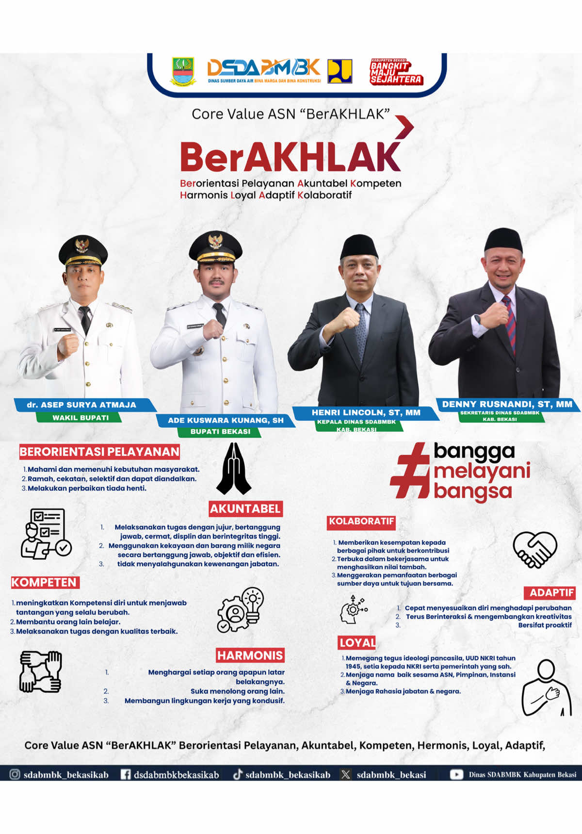 ✨ Core Value ASN “BerAKHLAK” ✨ Berorientasi Pelayanan • Akuntabel • Kompeten • Harmonis • Loyal • Adaptif • Kolaboratif ASN di lingkungan Dinas SDABMBK Kabupaten Bekasi siap memberikan pelayanan terbaik dengan semangat: ✅ Melayani sepenuh hati ✅ Transparan & akuntabel ✅ Kolaboratif demi pembangunan ✅ Adaptif menghadapi perubahan Mari wujudkan ASN yang profesional, berintegritas, dan berdedikasi tinggi untuk Bekasi yang lebih baik. 💪💙 Kabupaten Bekasi… Bangkit, Maju, Sejahtera! #BanggaMelayaniBangsa #ASNBerAKHLAK #SDABMBKBekasi #BekasiMelayani #BangkitMajuSejahtera