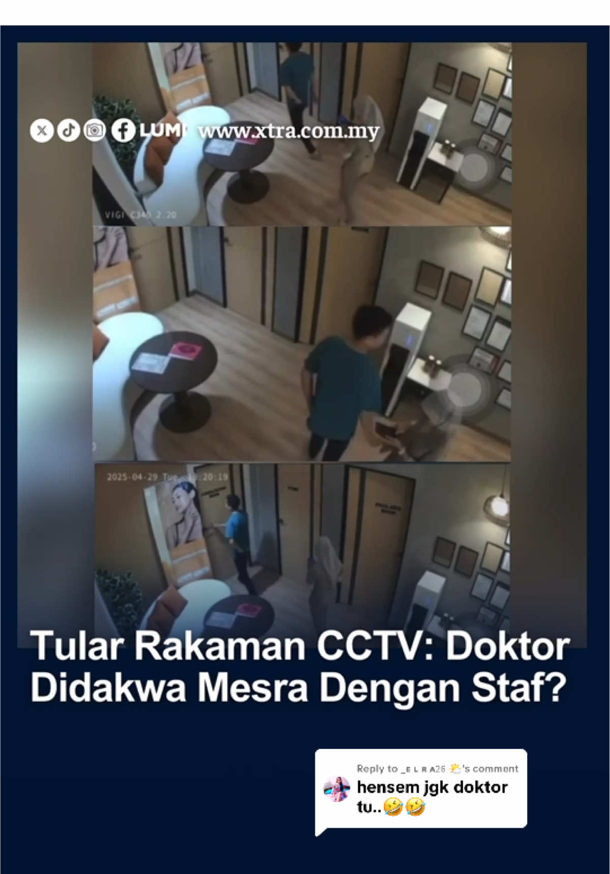 Replying to @_ᴇ ʟ ʀ ᴀ𝟤𝟨 🌤 Tular rakaman CCTV dipercayai dari sebuah klinik yang menunjukkan seorang lelaki berkelakuan mesra dengan staf wanita berhijab.  Dalam klip berasingan, mereka dilihat duduk rapat, berpegangan tangan serta masuk bersama ke bilik konsultasi. Video tersebut mencetuskan pelbagai reaksi netizen. #xtra #fyp #doktor #curang #staf 🎥: panas_hahameme