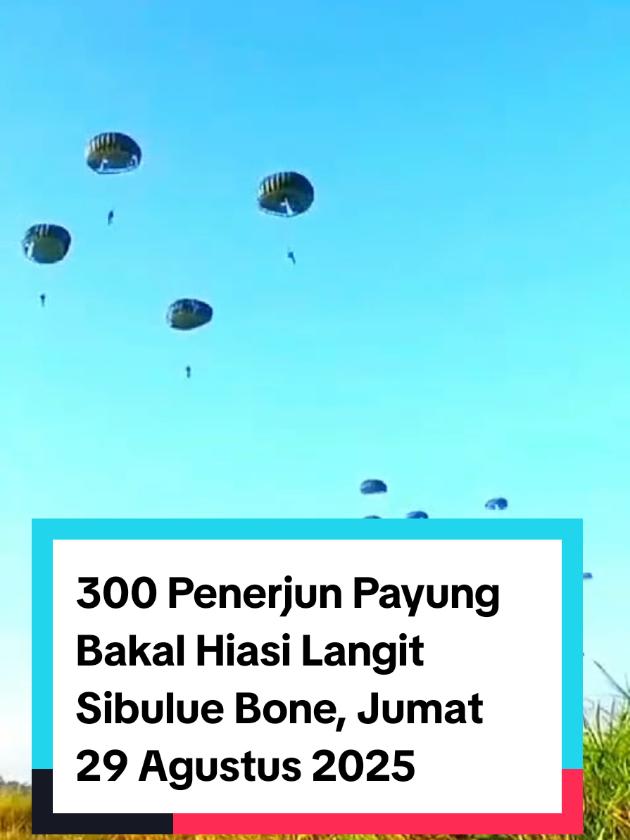 300 Penerjun Payung Bakal Hiasi Langit Sibulue Bone BONE--- Warga Kabupaten Bonee bakal disuguhi tontonan spektakuler pada Jumat pagi (29/8/2025). Sebanyak 300 prajurit TNI akan melakukan atraksi terjun payung di langit Desa Massereng Pulu, Kecamatan Sibulue. Atraksi ini digelar oleh Kodim 1407 Bone bekerja sama dengan Yonif Para Raider 433/Julu Siri. Mengusung tema “Bersama Tuhan Kita Menyerbu dari Langit”, ratusan penerjun payung akan memamerkan keterampilan mereka sekaligus memberikan hiburan gratis bagi masyarakat Bone. Dandim 1407 Bone, Letkol Inf Laode Muhammad Idrus, menegaskan bahwa kegiatan tersebut bukan sekadar atraksi semata. Menurutnya, terjun payung juga merupakan bagian dari latihan penyegaran bagi Yonif Para Raider 433 Julu Siri, sekaligus sarana edukasi bagi generasi muda. “Selain untuk meningkatkan kemampuan prajurit, kegiatan ini juga memberi inspirasi bagi anak-anak muda yang bercita-cita masuk TNI. Mereka bisa melihat langsung bagaimana tugas prajurit saat beraksi di udara,” jelasnya. Tak hanya atraksi penerjun, masyarakat juga akan disuguhi pemandangan langka berupa pesawat Hercules yang terbang rendah di langit Sibulue. “Acara ini terbuka untuk umum dan gratis. Kami mengundang seluruh masyarakat Bone untuk hadir menyaksikan langsung momen bersejarah ini, yang memadukan keberanian prajurit dengan kemegahan langit Bone,” tambah Dandim. Bupati Bone Ajak Masyarakat Ramaikan Terjun Payung di Langit Sibulue Bone  BONE --- Sebanyak 300 prajurit akan melakukan atraksi terjun payung di Desa Massereng Pulu, Kecamatan Sibulue, pada Jumat (29/8/2025). Kegiatan yang digelar Kodim 1407 Bone bekerja sama dengan Yonif Para Raider 433/Julu Siri ini mengangkat tema “Bersama Tuhan Kita Menyerbu dari Langit”.  Ratusan penerjun payung akan memamerkan kemampuan mereka, sekaligus menghadirkan hiburan gratis bagi masyarakat Bone. Bupati Bone, Andi Asman Sulaiman, memberikan apresiasi tinggi atas inisiatif Kodim 1407 Bone bersama Yonif Para Raider 433/Julu Siri yang menghadirkan atraksi terjun payung di Kabupaten Bone. Menurutnya, kegiatan ini tidak hanya menjadi hiburan semata, tetapi juga sarana edukasi dan kebanggaan bagi masyarakat. “Ini akan menjadi hiburan yang luar biasa bagi masyarakat Bone, karena jarang sekali kita bisa menyaksikan ratusan penerjun payung sekaligus di langit kita sendiri. Kegiatan ini juga menunjukkan kedekatan TNI dengan rakyat. Mereka tidak hanya hadir dalam tugas menjaga kedaulatan, tetapi juga menyatu bersama masyarakat dalam suasana penuh kegembiraan,” ucapnya.