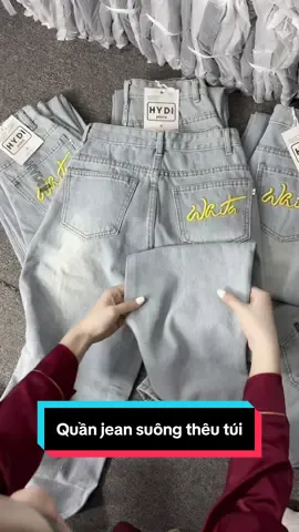 Quần jean ống suông thêu chữ vàng cạo siêu cao #hydijean #quanjeanongsuong #quanjeanlungsieucao #quanjeannuongrong #xuhuongtiktok 