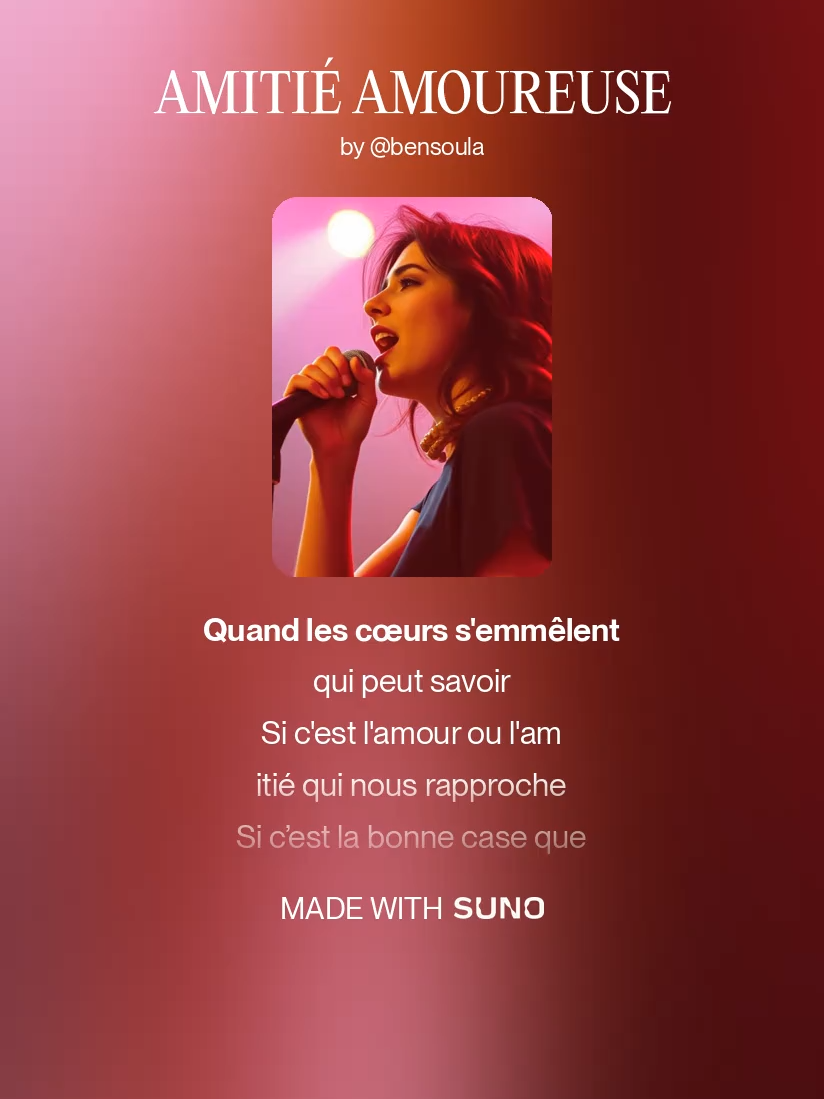 AMITIÉ AMOUREUSE🎤 [version chanteuse] : Création de chansons françaises 100% inédites ! Auteur Compositeur : Majid Bensoula « Chanteuses et Chanteurs » {Participation voix et arrangement musicaux : Suno.Ai}#chanteusefrançaise #francechanson #chansonfrancaise #chantmusic #fypsong #viralmélodi