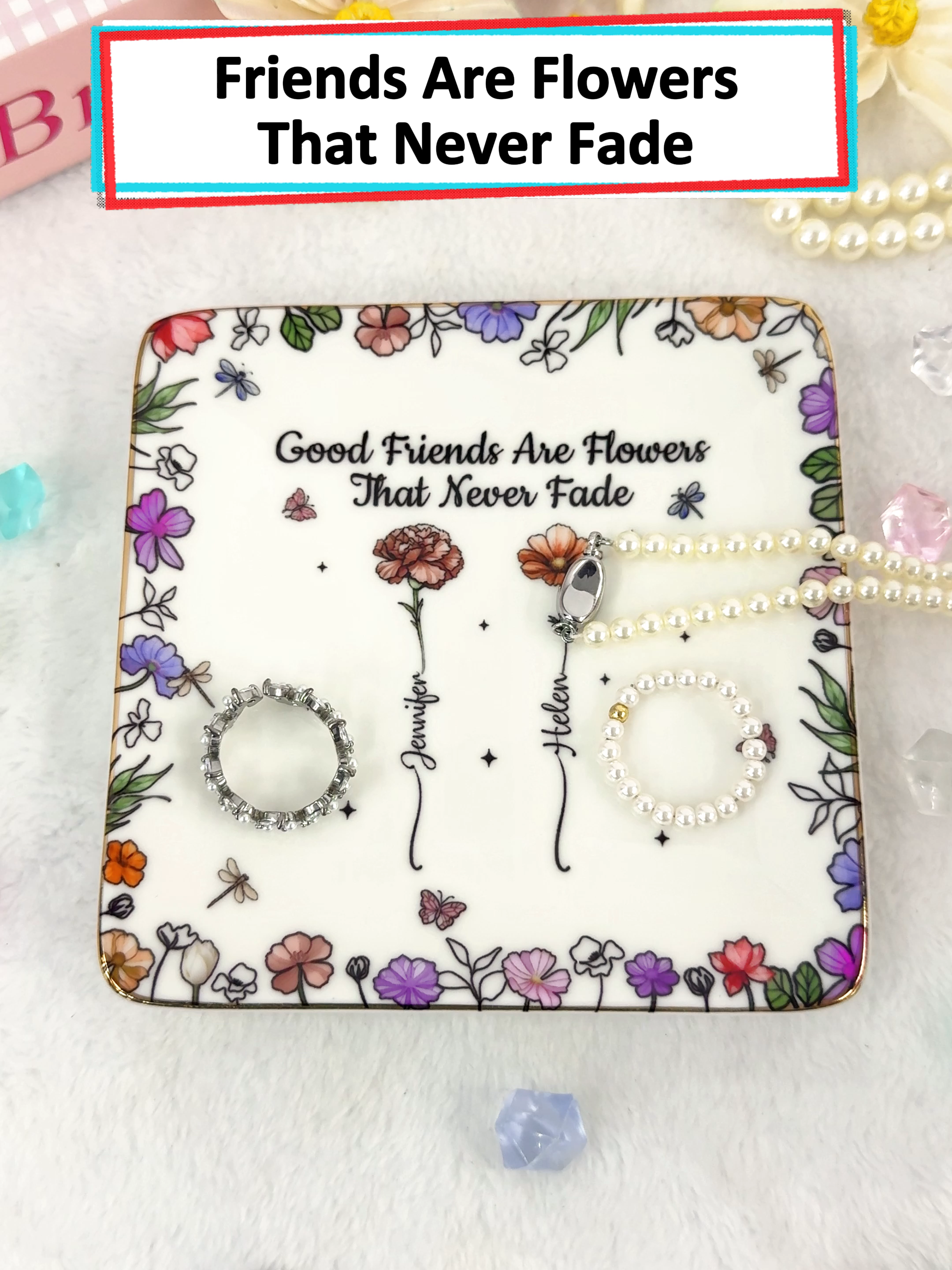 Some friends are like family. This custom ring dish is a sweet reminder of your special bond. Add their names and birth flowers ✨🌸 #wanderprints #personalized #gifts #giftforfriend #BestFriends