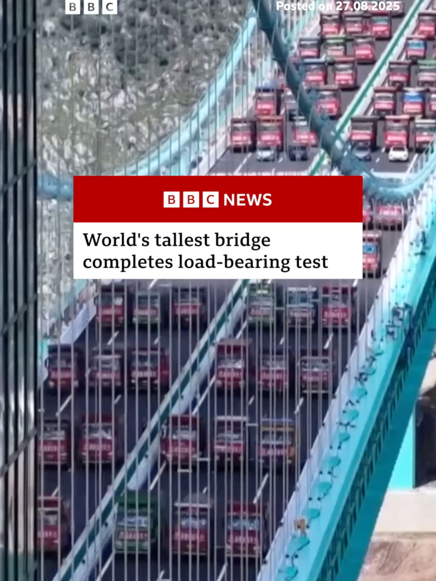 A testing team drove 96 trucks onto the Huajiang Grand Canyon Bridge in China as part of a five-day testing process before the structure is due to open later next month. #HuajiangGrandCanyonBridge #GuizhouProvince #Guizhou #Bridges #Bridge#CivilEngineering #CivilEngineer #China#Heights #ChinaNews #BBCNews