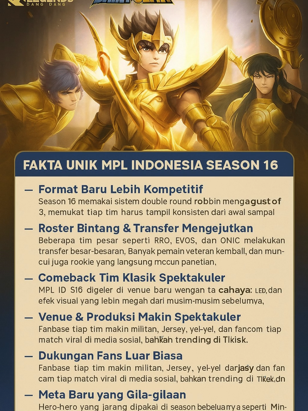🔥 MPL ID Season 16 makin panas! Format baru, transfer roster heboh, comeback tim klasik, venue spektakuler, fans super militan, sampai meta hero gila-gilaan bikin semua match wajib ditonton! 🎮✨ #MPLIDSeason16 #MLBB #Esports