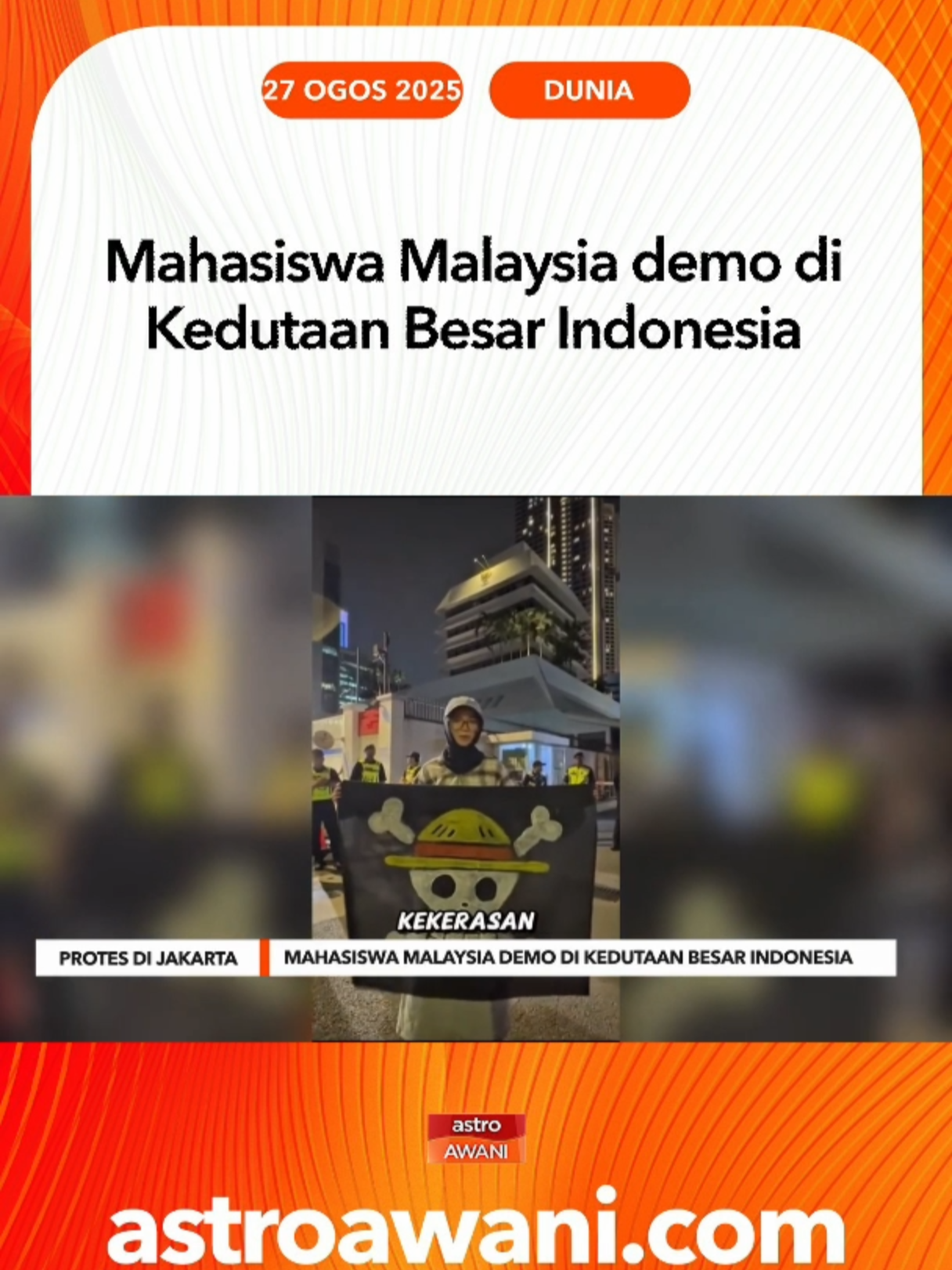 Sekumpulan mahasiswa Malaysia mengadakan demonstrasi aman di hadapan Kedutaan Besar Indonesia di Kuala Lumpur, malam tadi. Demonstrasi yang bermula jam 8.30 malam itu sebagai tanda solidariti terhadap penahanan hampir 400 penunjuk perasaan di Jakarta pada Isnin lalu. #AWANInews