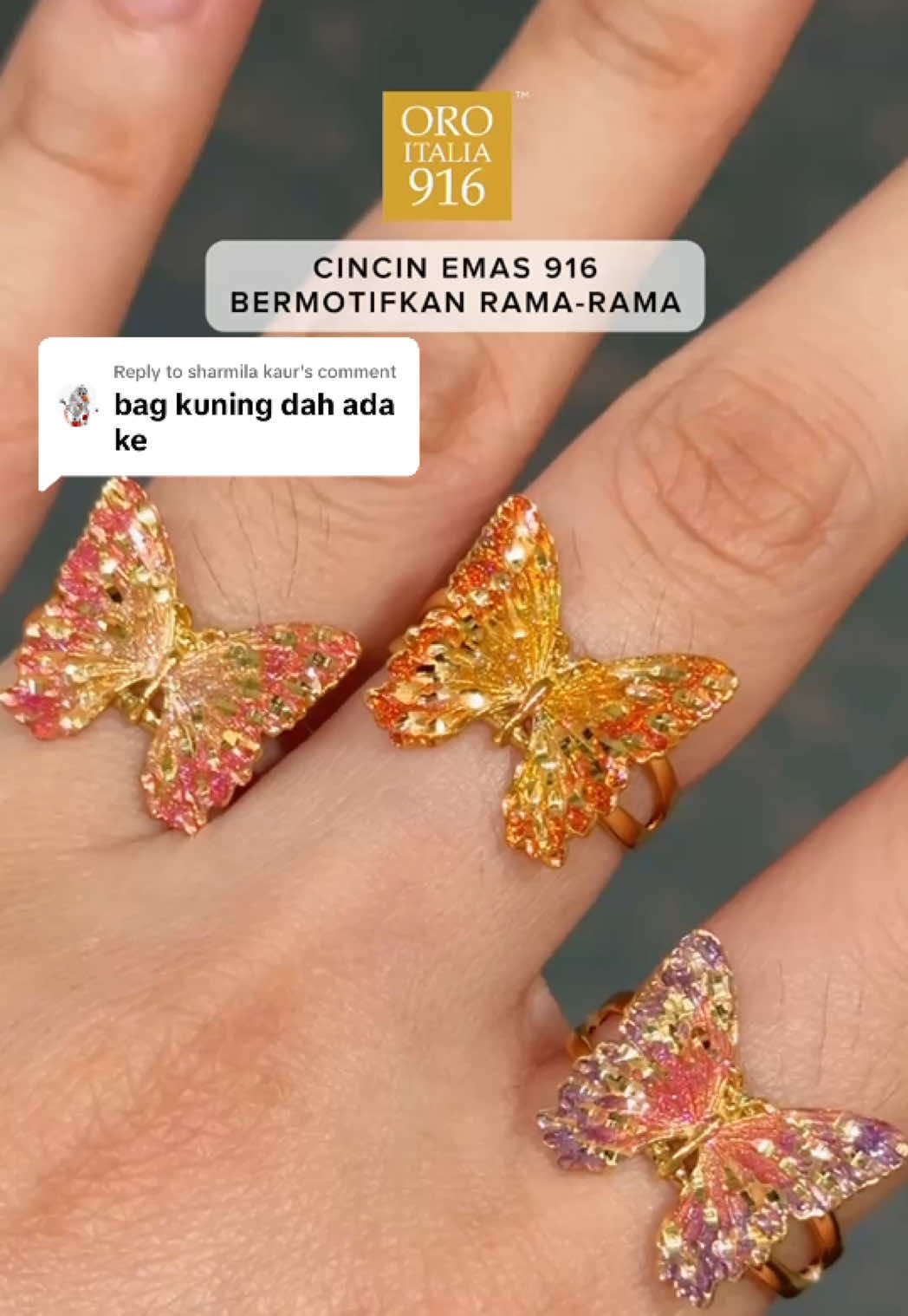 Replying to @sharmila kaur Anda boleh dapatkan di beg kuning sekarang! ✨  Cincin Oro Italia 916 dengan reka bentuk rama-rama unik memberi sentuhan manis penuh pesona. Dihiasi kemasan enamel berwarna, ia menambahkan keunikan dalam gaya anda. #HABIB #HABIBJewels #TheGiftofHappiness #OroItalia916 #CincinEmas916