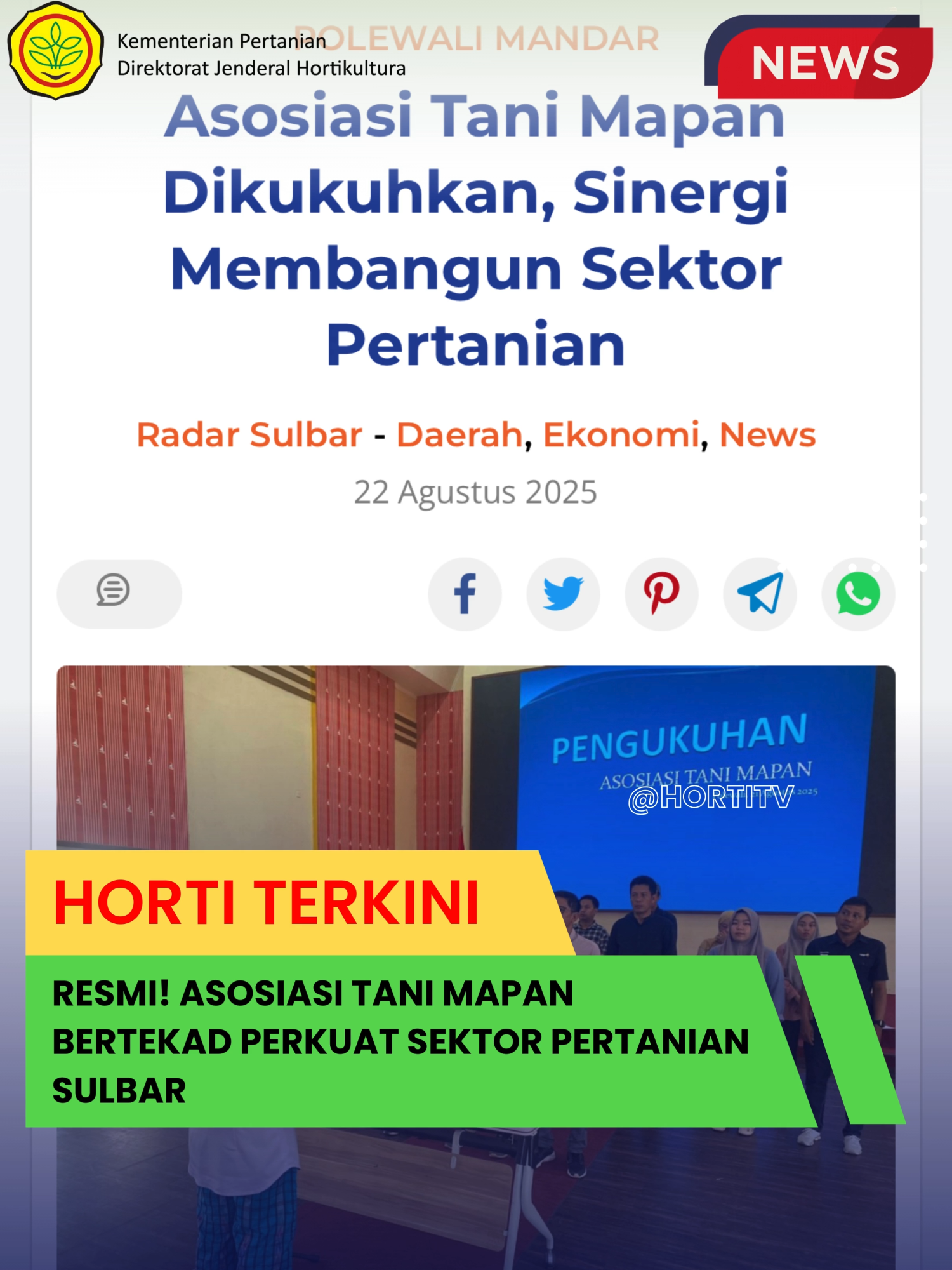 POLMAN RADAR SULBAR – Asosiasi Tani Media Polman (Mapan) resmi dikukuhkan oleh Wakil Bupati Polman, Andi Nursami Masdar, di ruang pola Kantor Bupati Polman, Kamis 21 Agustus 2025. Asosiasi Tani Mapan ini sebagai wadah legal bagi jurnalis dan petani untuk bersinergi dalam memajukan sektor pertanian di Kabupaten Polewali Mandar. Pengukuhan tersebut turut disaksikan Anggota Komisi IV DPR RI Ajbar Abdul Kadir, Kepala Dinas Pertanian Polman Andi Afandi Rahman, Kepala Dinas Kominfo Aco Musaddad, serta Kepala Balai Penyuluh Pertanian (BPP). Kehadiran mereka menjadi simbol sinergi antara pemerintah, legislatif, dan masyarakat dalam membangun ketahanan pangan di daerah. Wakil Bupati Polman, Andi Nursami Masdar menyampaikan apresiasinya atas terbentuknya Asosiasi Tani Mapan. Ia menilai, asosiasi ini bisa menjadi energi baru yang menghubungkan kepentingan pemerintah dengan kebutuhan petani di lapangan. “Petani adalah garda terdepan dalam menjaga ketahanan pangan. Kehadiran Asosiasi Tani Mapan menjadi bukti bahwa jurnalis pun dapat ikut andil langsung dalam pembangunan pertanian. Kami berharap asosiasi ini mampu melahirkan kontribusi nyata,” kata Andi Sami. Ia berharap kehadiran Asosiasi Tani Mapan ini tidak berhenti hanya sebatas pengukuhan tetapi benar benar menjadi organisasi yang aktif, produktif dan memberi manfaat nyata sebagai ruang belajar dan menjembatani aspirasi petani dan pemerintah daerah. Sementara itu, Anggota DPR RI Komisi IV, Ajbar Abdul Kadir, menekankan bahwa pengukuhan ini bukan sekadar seremoni, melainkan awal dari tanggung jawab besar. Ia mengingatkan, legalitas organisasi bukan berarti langsung mendapat bantuan, melainkan harus melalui proses dan mekanisme yang benar. “Yang keliru adalah jika jurnalis dianggap tidak bisa bertani. Justru jurnalis punya hak yang sama dengan masyarakat umum dalam mengelola lahan negara. Kuncinya adalah mekanisme yang sesuai aturan,” tegas Ajbar. Ketua Asosiasi Tani Mapan, Arif Budianto, menuturkan bahwa dirinya bersama anggota yang sebagian besar berprofesi sebagai jurnalis, sudah akrab dengan dunia pertanian. Menurutnya, keberadaan asosiasi ini tidak hanya sebatas wadah, tetapi juga komitmen untuk ikut mengawal program pemerintah di sektor pertanian. “Kami ingin manfaat dari berbagai program pertanian benar-benar dirasakan masyarakat luas. Momentum ini adalah langkah awal agar jurnalis dan petani bisa berjalan beriringan membangun pertanian Polman,” ujar Arif. Dengan resmi dikukuhkannya Asosiasi Tani Mapan, diharapkan lahir energi baru dalam menggerakkan pembangunan pertanian di Polewali Mandar. Sinergi jurnalis, pemerintah daerah, dan DPR RI diyakini dapat memperkuat ketahanan pangan serta meningkatkan kesejahteraan petani.  Sumber: https://radarsulbar.fajar.co.id/2025/08/22/asosiasi-tani-mapan-dikukuhkan-sinergi-membangun-sektor-pertanian/ @kementanri @lambetani @jalan_amran_sulaiman @a.amran.sulaiman @masdarsudaryono @prabowosubianto08 @prabowo_president01  #foryou #foryourpage #viralvideos #pertanian #fyp #fyppppppppppppppppppppppp #fypp #viral #viraltiktok #virall#trendingtiktok #trending #berita #beritatiktok #Informasi #info #koruptor #penjahat #mentan