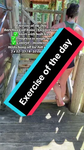 Strong calves = strong foundation. Start with two feet, then progress to single-leg for more challenge. No weight needed. No shoes required. Just you, the step, and a little patience at the top. Save this for your next lower body day. Tag me when you try the single-leg version!  #ExerciseOfTheDay #CalfStrength #BarefootTraining #WomenOver50 #FunctionalFitness  