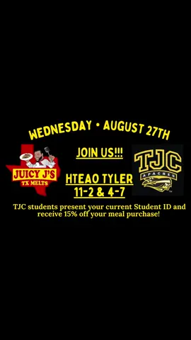 It’s HumpDay and cool one at that💨☀️JOIN us and our sweet friends here at HTeaO Tyler from 11-2 & 4-7pm!   📲Call-ins welcomed 903.279.6929📲 🌟TJC students🌟present your 2025-2026 Student ID and receive 15% off your meal⚫️🏫🟡 Food costs have soared but we’re keeping the faith and not giving up!!!! Come grab a meal, TAG a friend or SHARE this post and help us out! 💥Small Businesses💥need your support more than ever! Remember to EAT & SHOP LOCAL😊 Have a wonderful Wednesday! #juicyjstxmelts #supportsmallbusinessowners #tylertx #humpdaywednesday #faith    