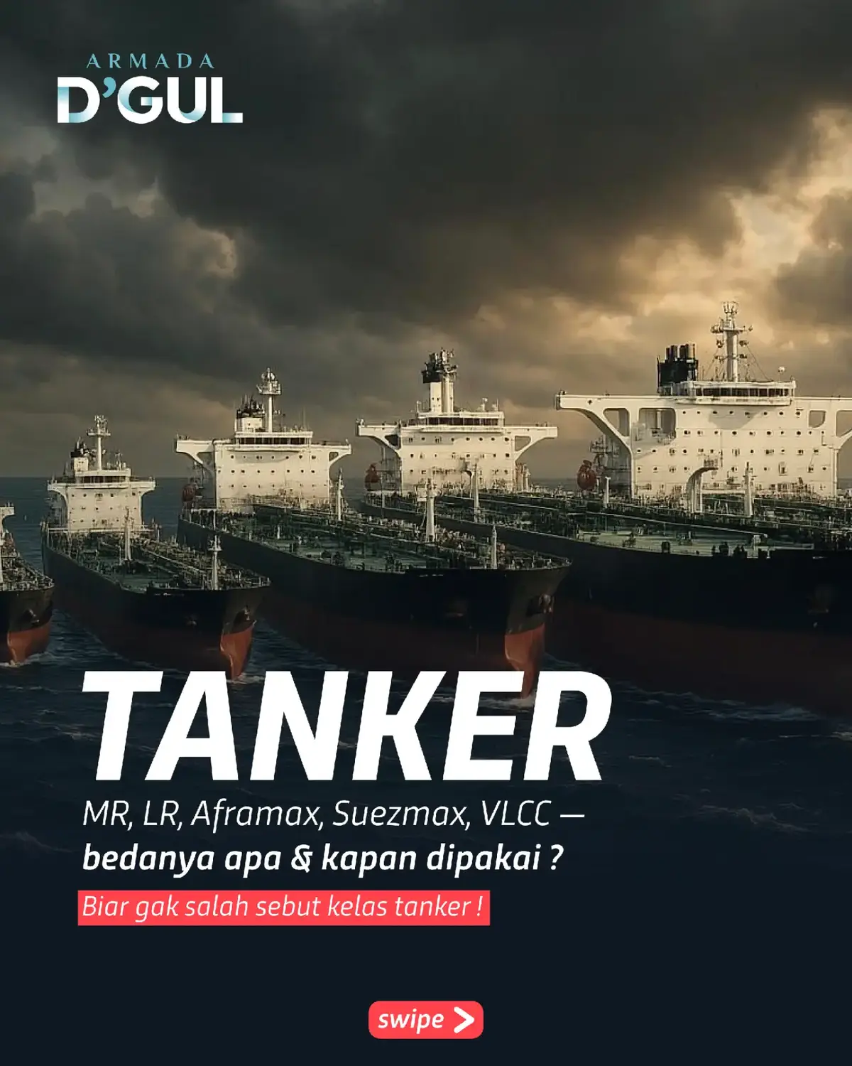 Kenal semua kelas kapal tanker? MR, LR, Aframax, Suezmax, sampai VLCC – tiap kelas punya ukuran, kapasitas, dan jalur pelayaran yang berbeda. ⚓ 👉 Yuk kenali bedanya, biar nggak salah sebut kelas tanker lagi! #ArmadaDGul #Shipping #Tanker #MaritimeKnowledge   #KapalTanker