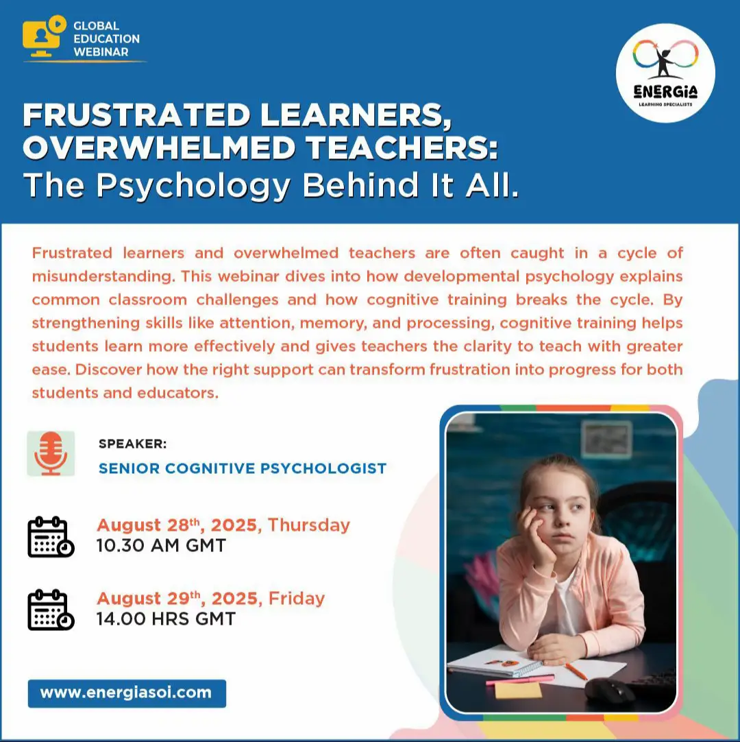 Why do students feel stuck? Why do teachers feel drained? Join us as we uncover the psychology behind frustration in learning and overwhelm in teaching — and discover ways to transform the classroom experience. 🗓 August 28 | 10:40 AM 🗓 August 29 | 2:00 PM Thursday: https://us02web.zoom.us/j/83701930332 Friday: https://us02web.zoom.us/j/86311998386 📍 Online Webinar by Energiasoi 🔗 Don’t miss the insights that could change the way we learn and teach! #Energiasoi #Webinar #Education #LearningPsychology #TeachersLife  