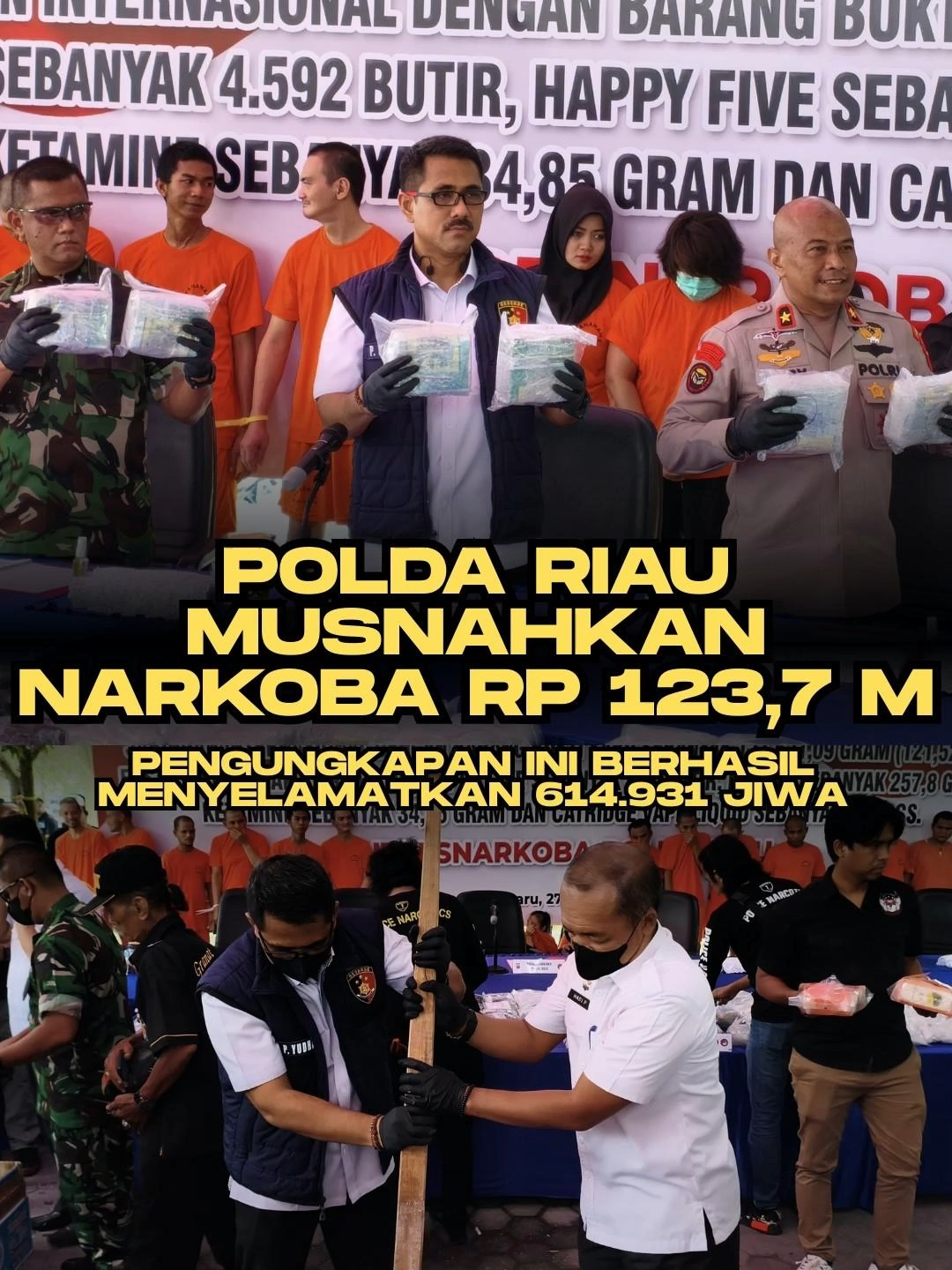 Kepolisian Daerah Riau melalui Ditresnarkoba @ditresnarkobapoldariau  berhasil mengungkap jaringan narkotika internasional dengan barang bukti yang dimusnahkan berupa 121,52 kilogram sabu, 4.592 butir ekstasi, 647 butir Happy Five, 257,8 gram heroin, 34,85 gram ketamine, dan 624 cartridge liquid vape. Pemusnahan barang bukti ini setara dengan penyelamatan lebih dari 600 ribu jiwa dari ancaman narkotika, dengan nilai ekonomi mencapai Rp123 miliar. Polda Riau berkomitmen menjaga keamanan dan melindungi masyarakat dari bahaya narkoba. #PoldaRiau #KapoldaRiau #StopNarkoba #WarOnDrugs #DitresnarkobaPoldaRiau 