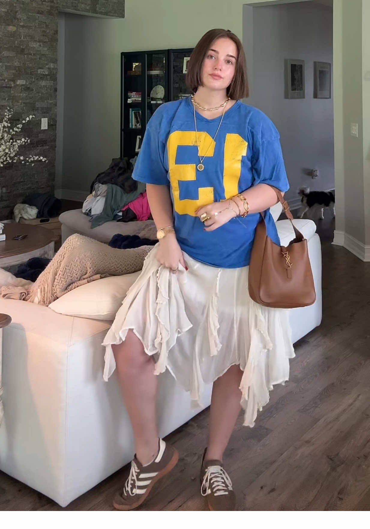 obsessed with this jersey shirt from revolve🤌🏻 and my ysl le 5 à 7 supple small bag @Revolve @SAINT LAURENT @Free People #midiskirt #jerseyshirt #adidasspezial 
